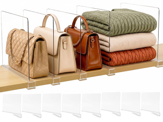 SortNStore Shelf Dividers Purse Organizer for Closet: 8-Pack Acrylic Bag Storage Organizer for Handbags, Clutches, Clothes, Sweater, Towel on Wood Shelves