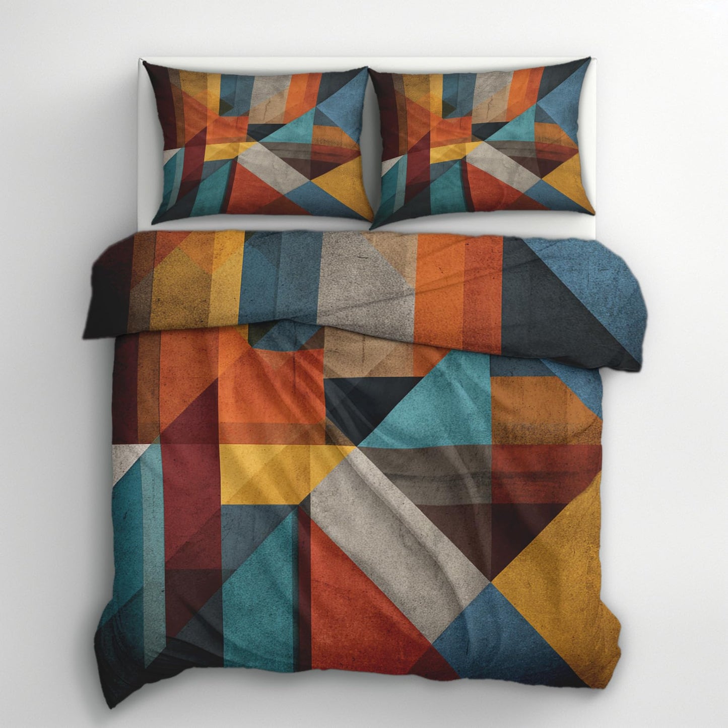Patchwork Geometric Queen Duvet Cover Set 3 Piece, Retro Abstract Art Reversible Bedding with 2 Pillow Shams, Zipper & Ties, Ultra Soft Microfiber, Geometric Bedroom Decorations 60A-T