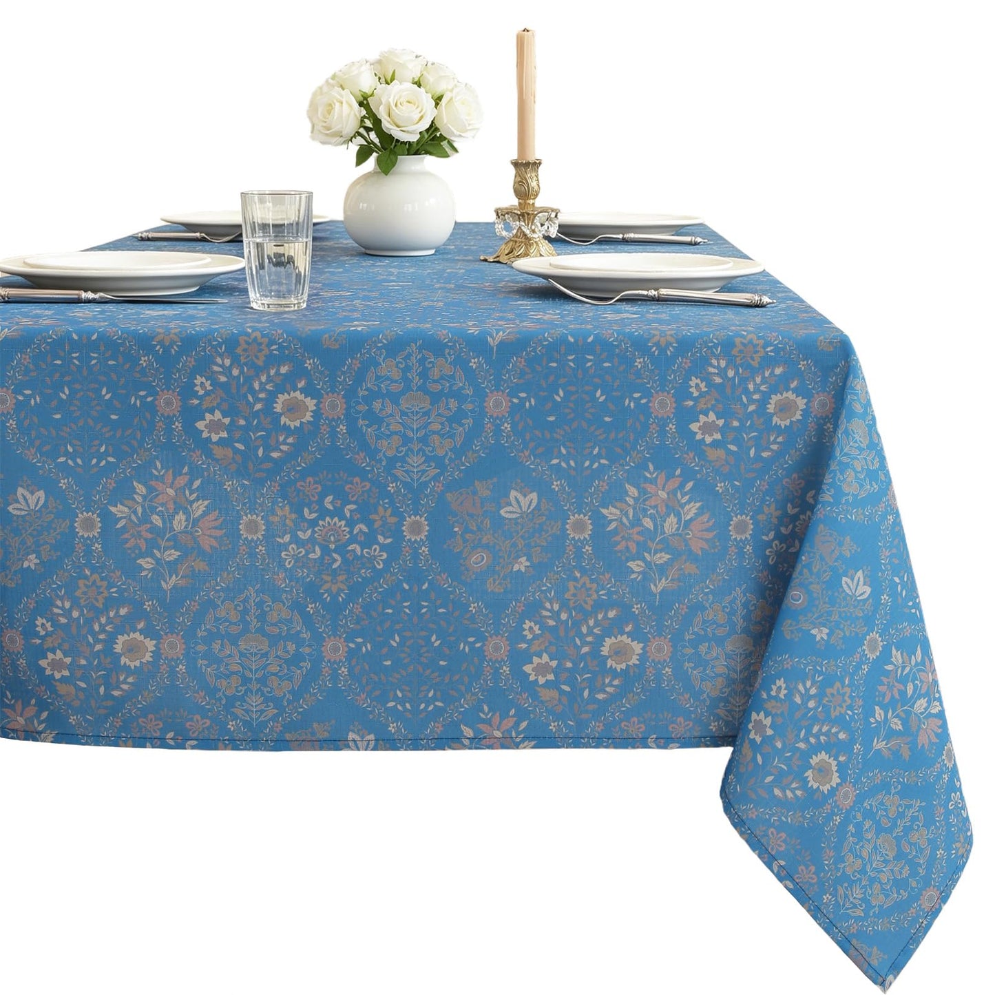 Honellaty Blue French Vintage Floral Rectangle Tablecloth, 60 x 102 Inch
