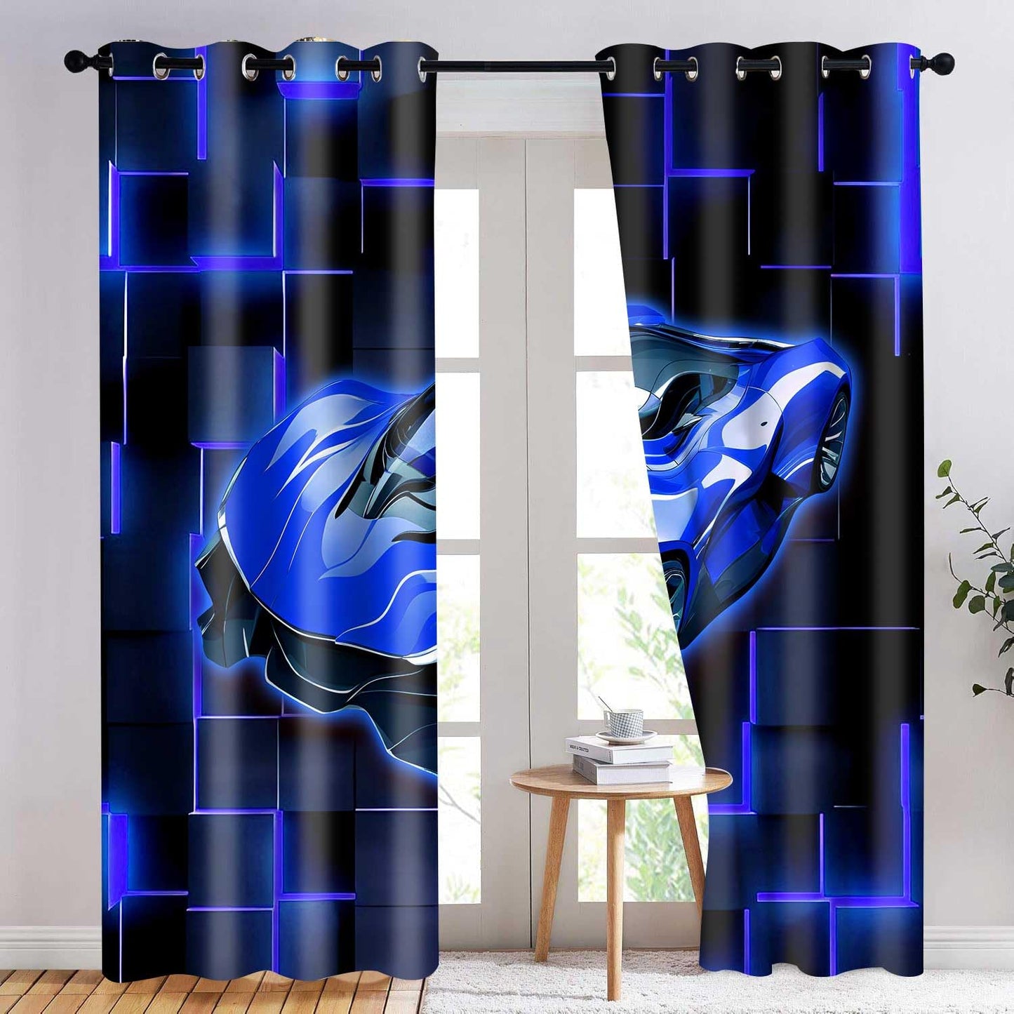HIYSMT Race Car Curtains,Racing Blue Sports Car Curtain,4284inch Black Blue Geometric Checkered Blackout Window Drapes for Boy Bedroom Game Room 2Panels HILC07