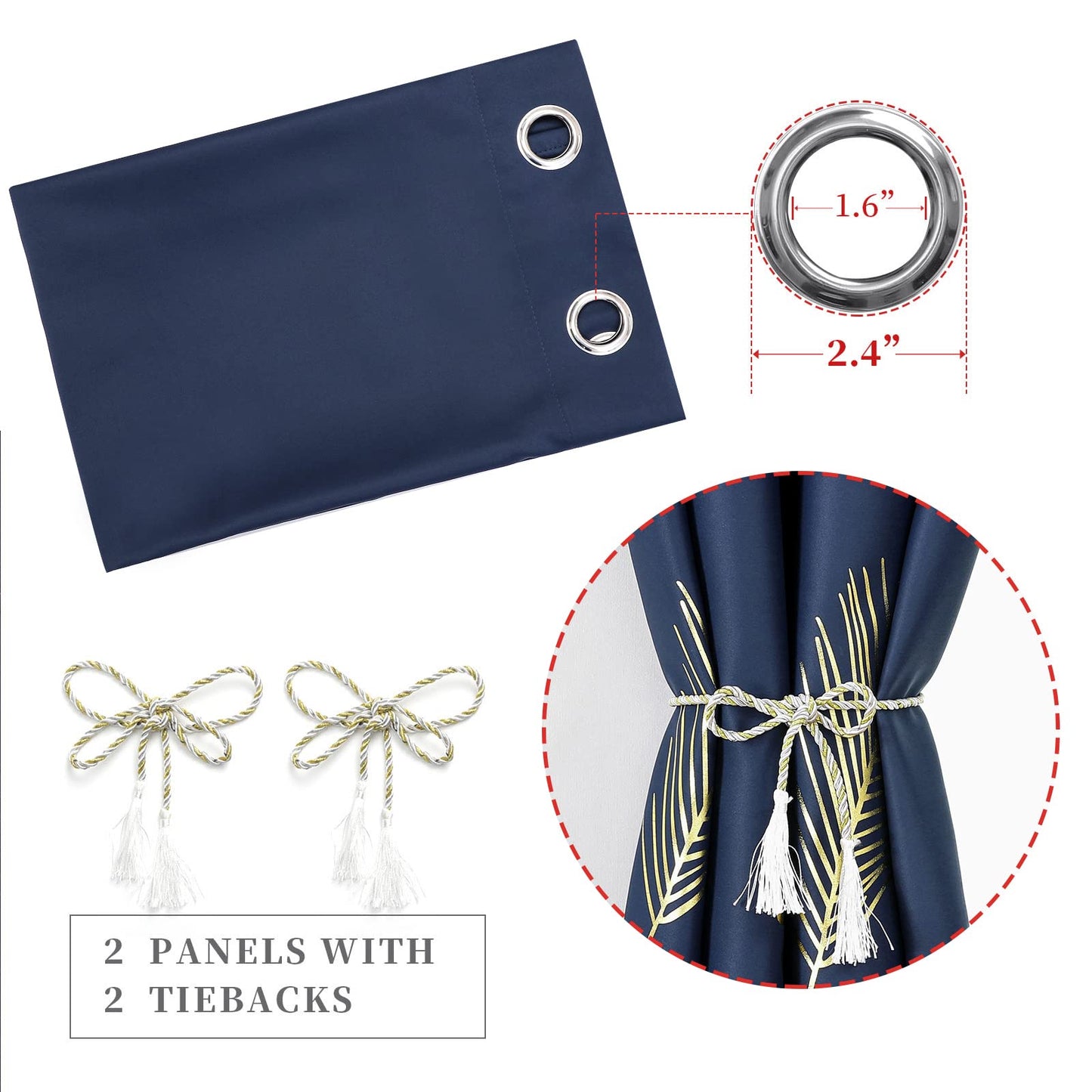 Estelar Textiler Navy Blue Blackout Curtains for Living Room 84 Inch Length 2 Panels Set, Gold Palm Leaves Printed Window Drapes, Energy Saving Curtains for Bedroom, 52Wx84L