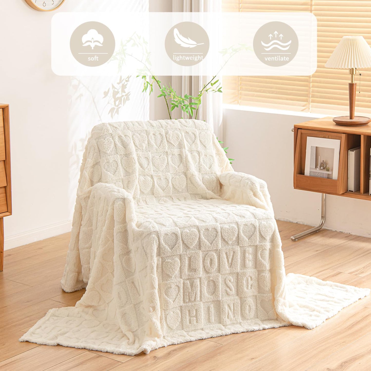 KOTTOMFY Neutral Beige Throw Blanket 80x90 Inches, Large Farmhouse Blanket Throw for Bed and Couch, Cozy Fall Blanket for Living Room Gifting