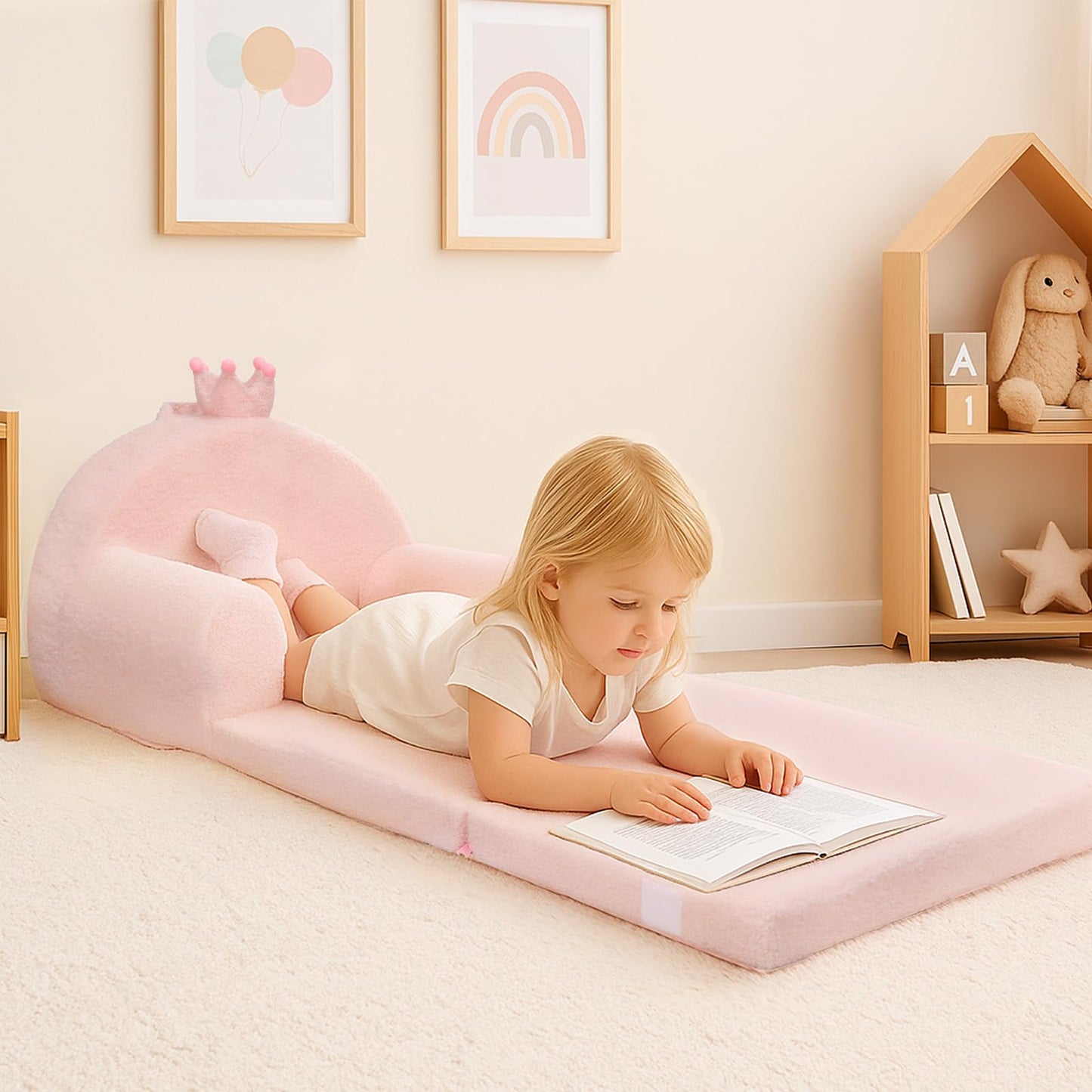 MONKISS Princess Toddler Chairs Comfy, 2-in-1 Fold Out Kids Sofa Bed, Cozy Toddler Couch, Baby Lounge Chair, Soft Mini Couch for Kids, 1-4 Years Old, SF05, Pink Crown