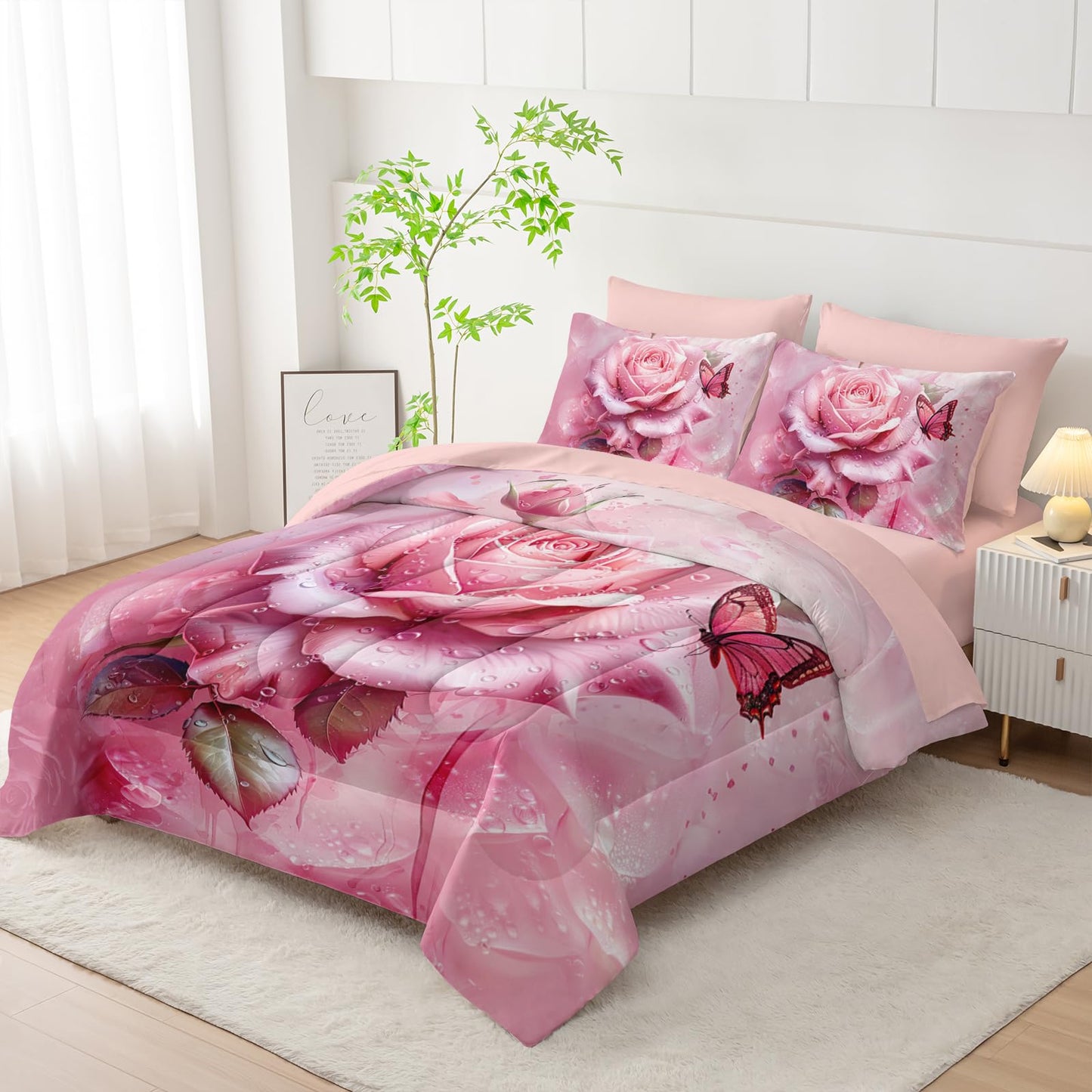 AILONEN 7-Piece Pink Rose Comforter Set Queen Size,Rose Flower Butterfly Bed in a Bag for Girls Women,Modern Romantic Floral Printed Art Pink Comforter + Fitted/Flat Sheet +2 Pillowcases + 2 Shams