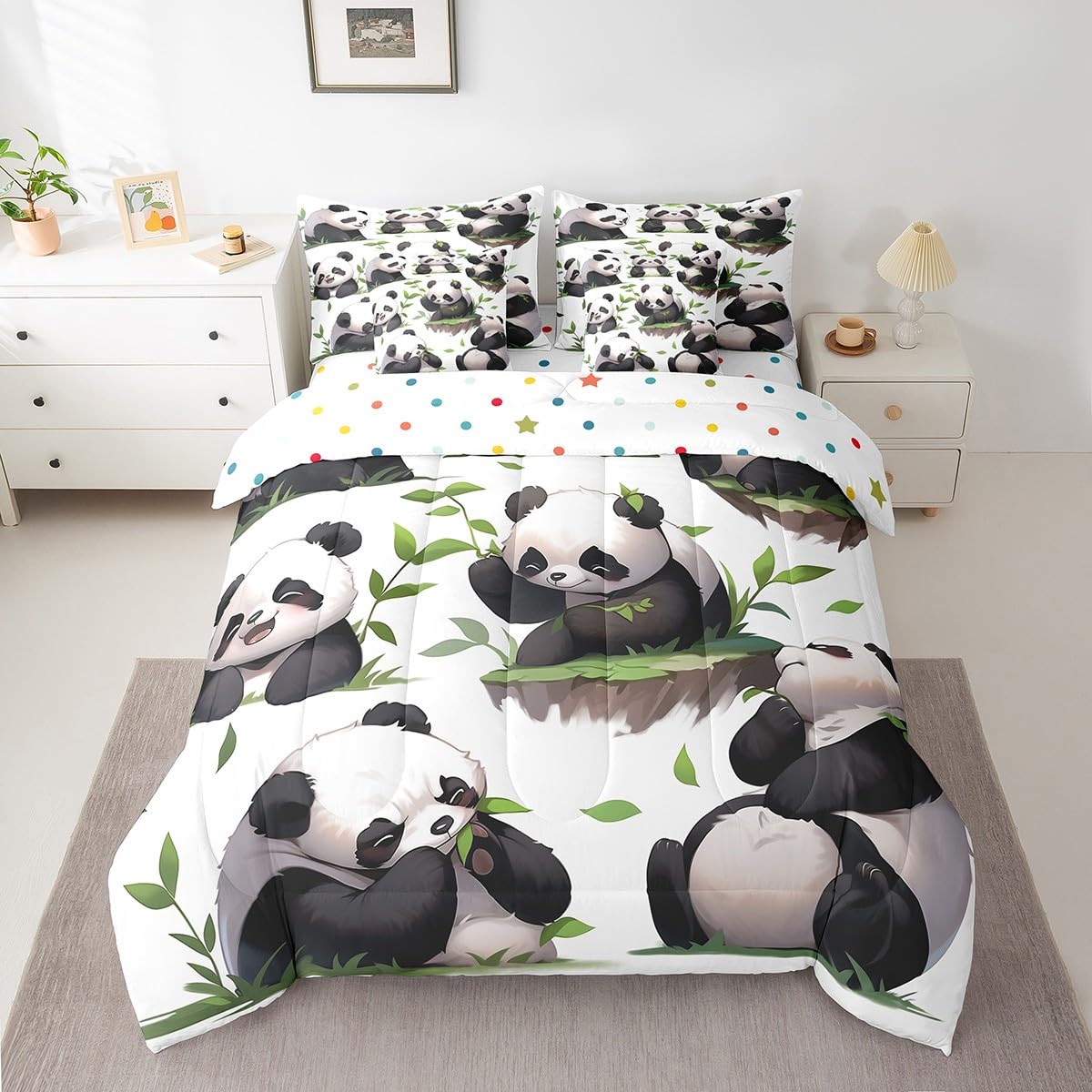 Erosebridal Kawaii Panda Bedding Set King Size, Lovely Animal Theme Comforter Set, Wildlife Cute Panda Kids Teens (Comforter+Fitted+Flat Sheet+2 Pillowcases+2 Throw Pillow Covers) 7 Pieces Bed Set