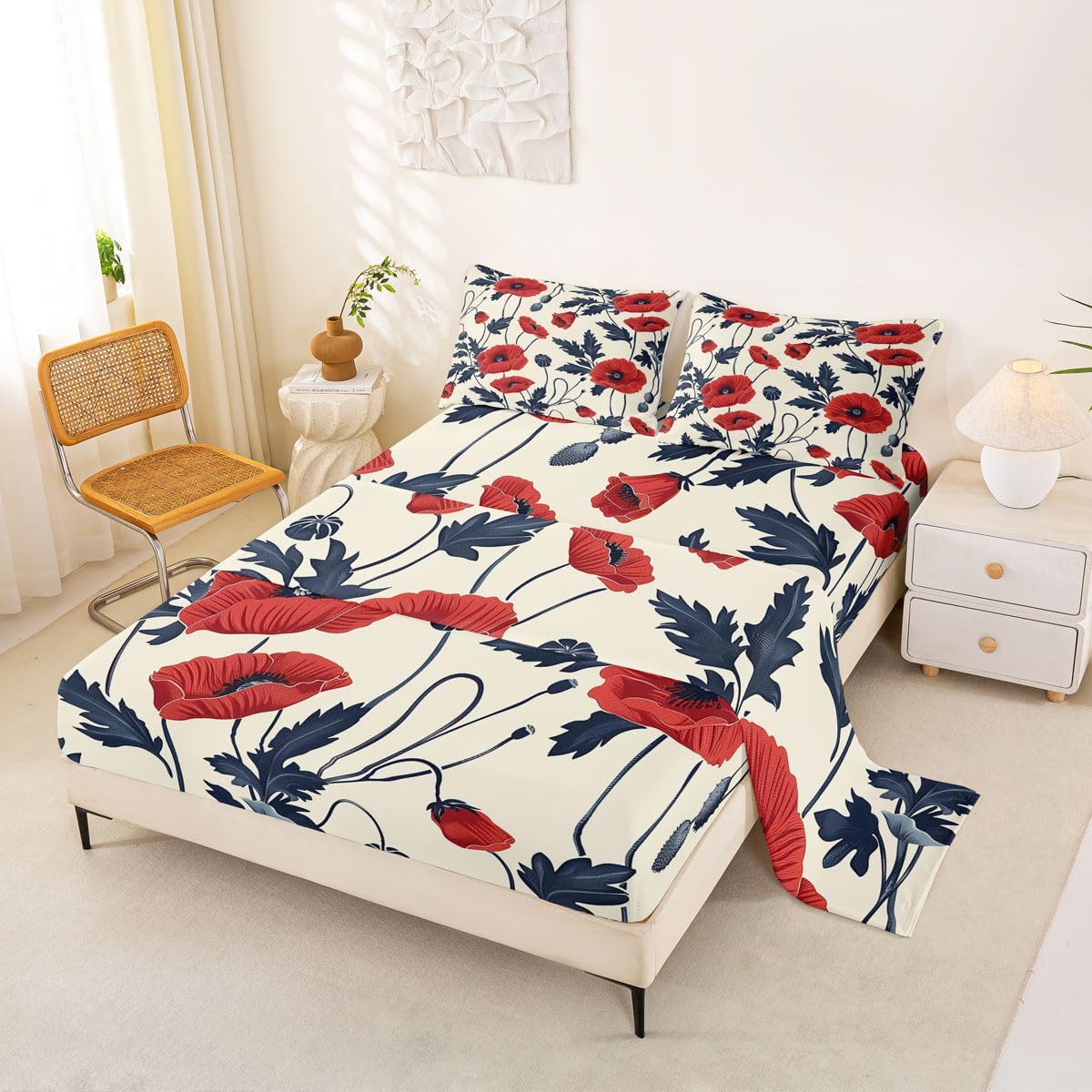 Feelyou Flower Bed Sheets Sets Queen Size Kids Boys Girls Red Floral Bedding Set Botanical Bed Sheet Set with 16-Inch Deep Pockets Spring Garden 4Pcs with 2 Pillow Cases Floral Flower Blossom Printed