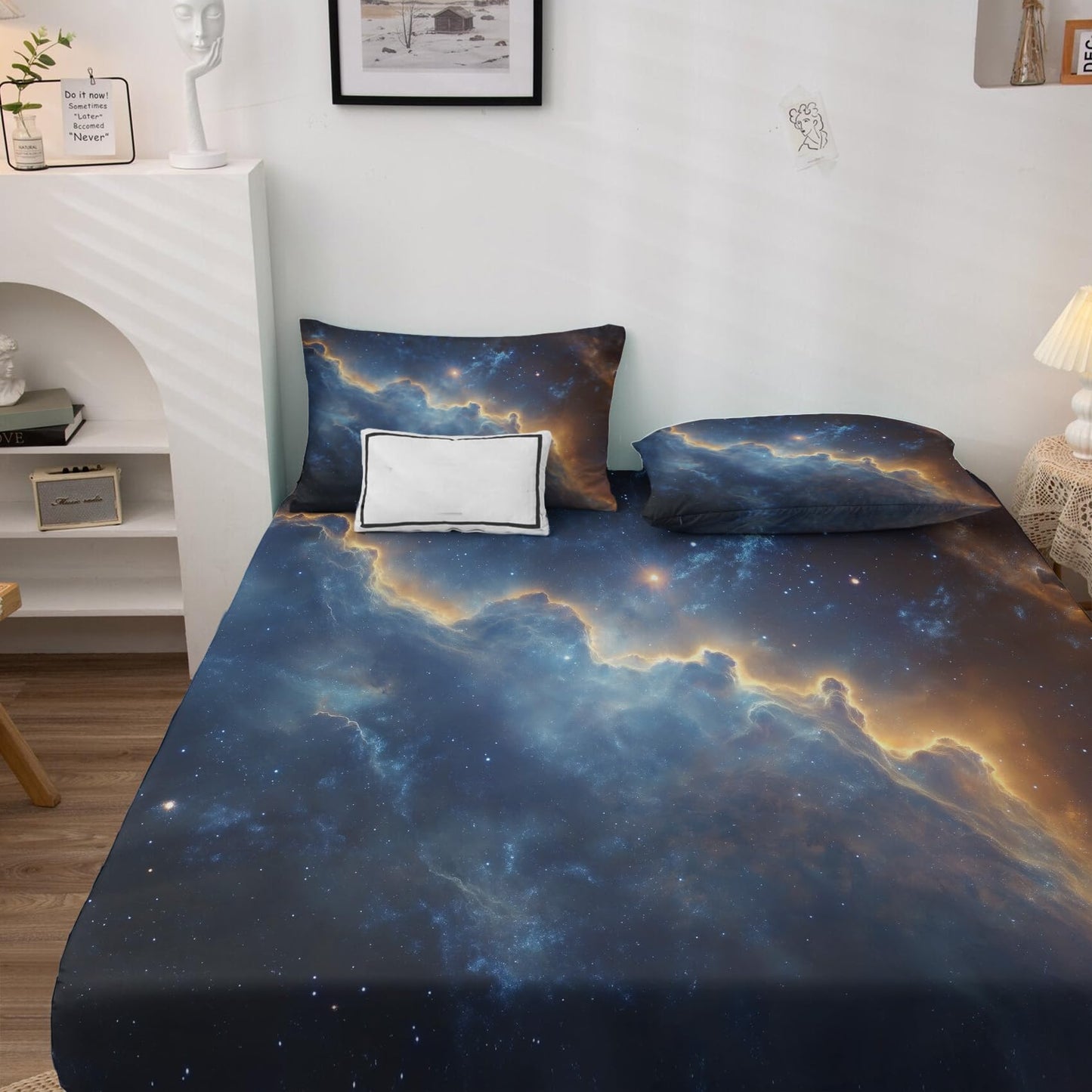 NOGAWA Galaxy Sheets Cal King, Space Bed Sheets, Deep Pocket & Soft Microfiber Bedding Sheets & Pillowcases 4 Piece - Fitted Sheet & Flat Sheet & 2 Pillow Cases