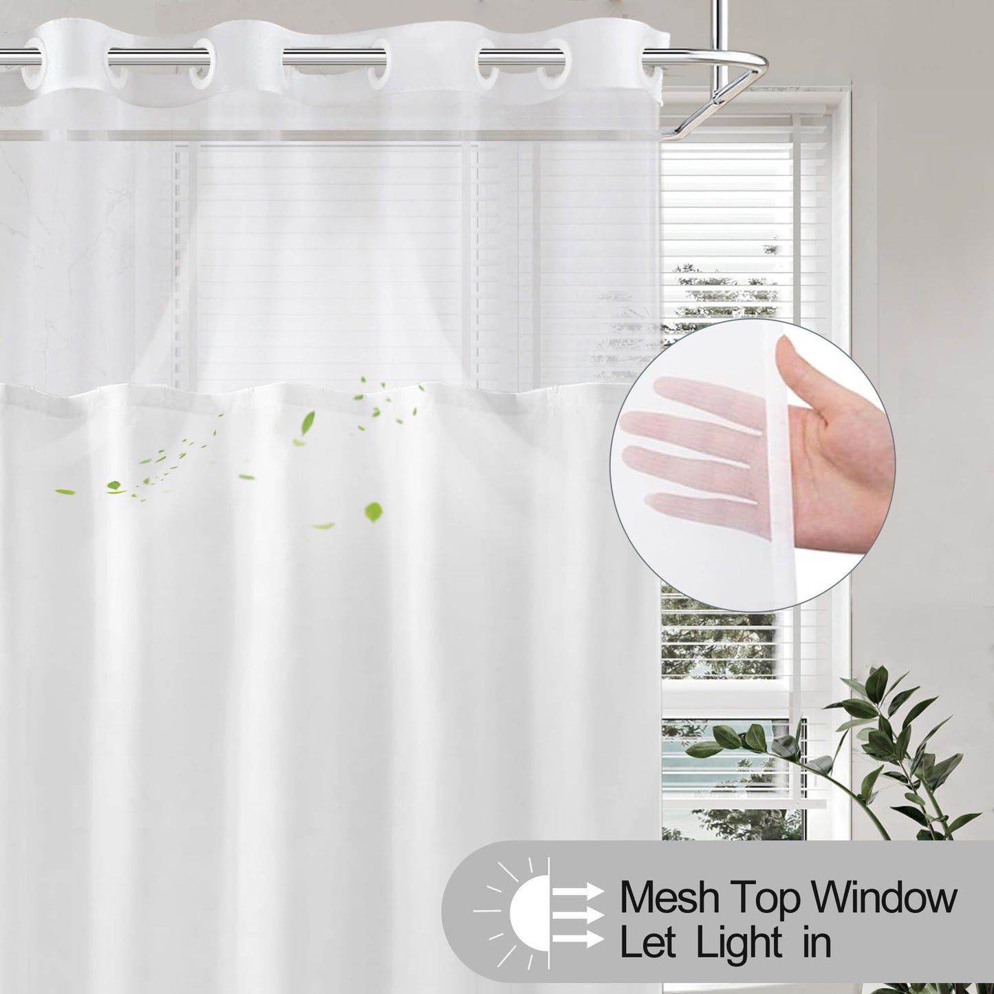 TWLSNCD No Hook Shower Curtain with Snap in Liner, White Shower Curtains and Liner Set, Hotel Fabric Bath Curtain for Bathroom, Mesh Top Window Waterproof Washable, 71" x 74"