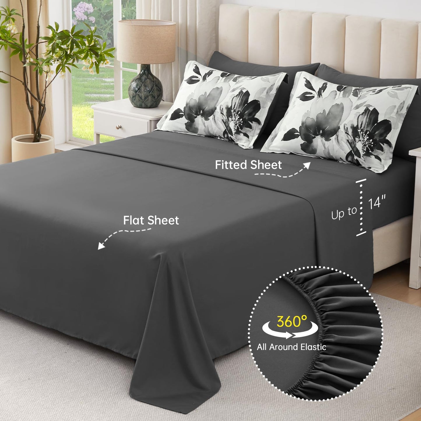 Luxudecor Floral Comforter Set Queen Size, 7 Piece Black Grey Flower Set Bed in a Bag,Soft Microfiber Farmhouse Shabby Chic Bedding Set for All Seasons(90"x90")