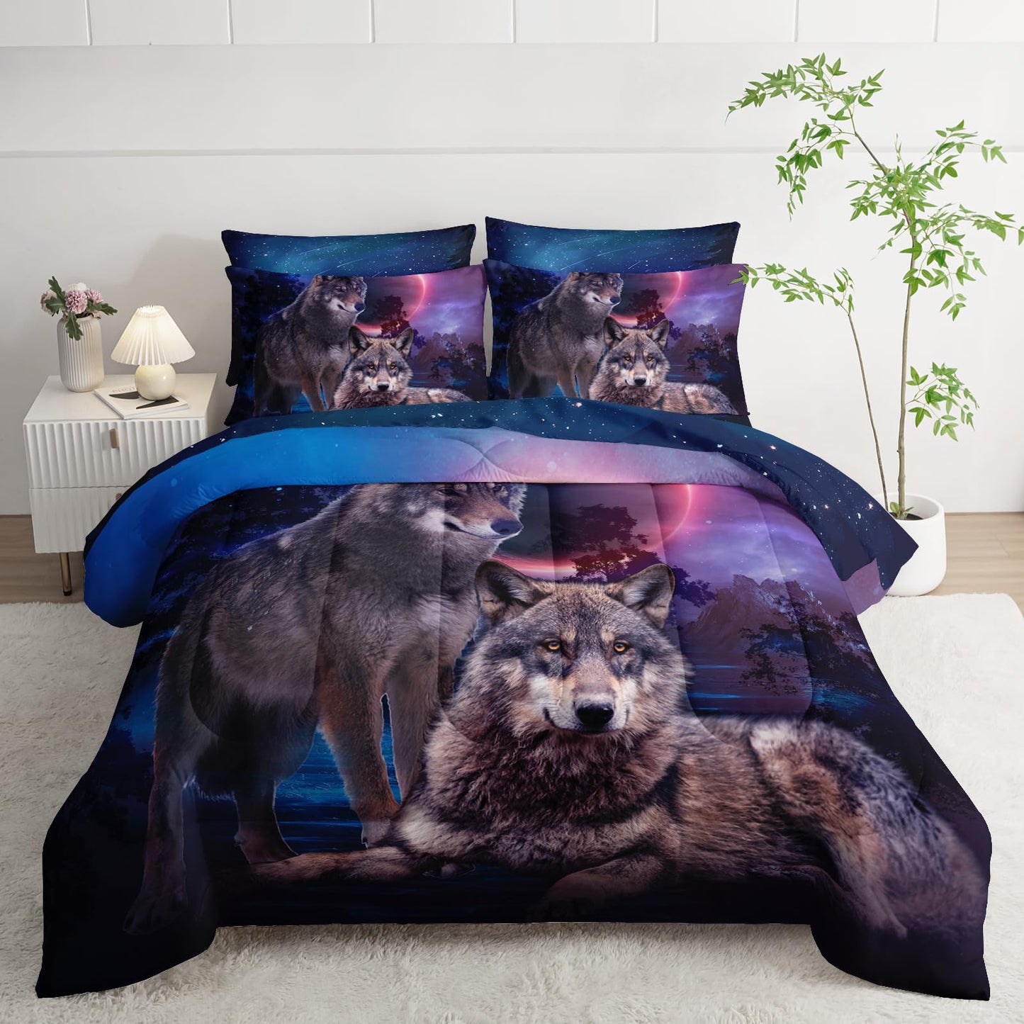 AILONEN Safari Wolf Comforter Set Twin Size,7-Piece Kids Girls Soft Bed in a Bag,Wolves Couples Comforter & Fitted Sheet & Flat Sheet & 2 Pillowcases,2 Pillow Shams for Bedroom