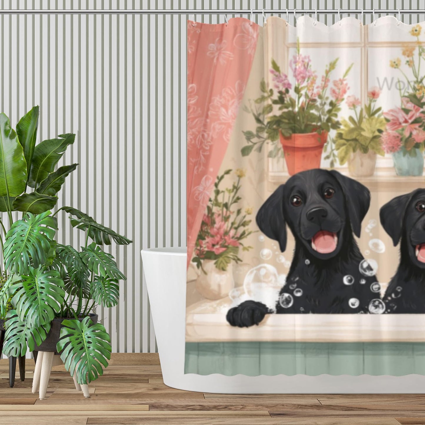 Wordatu Cute Black Labrador Dog Shower Curtain Cute Hilarious Animals Puppy Wooden Window 72x72 Inch Floral Flowers Bubbles Leaves Botanical Fabric Decor Bathroom Polyester Waterproof