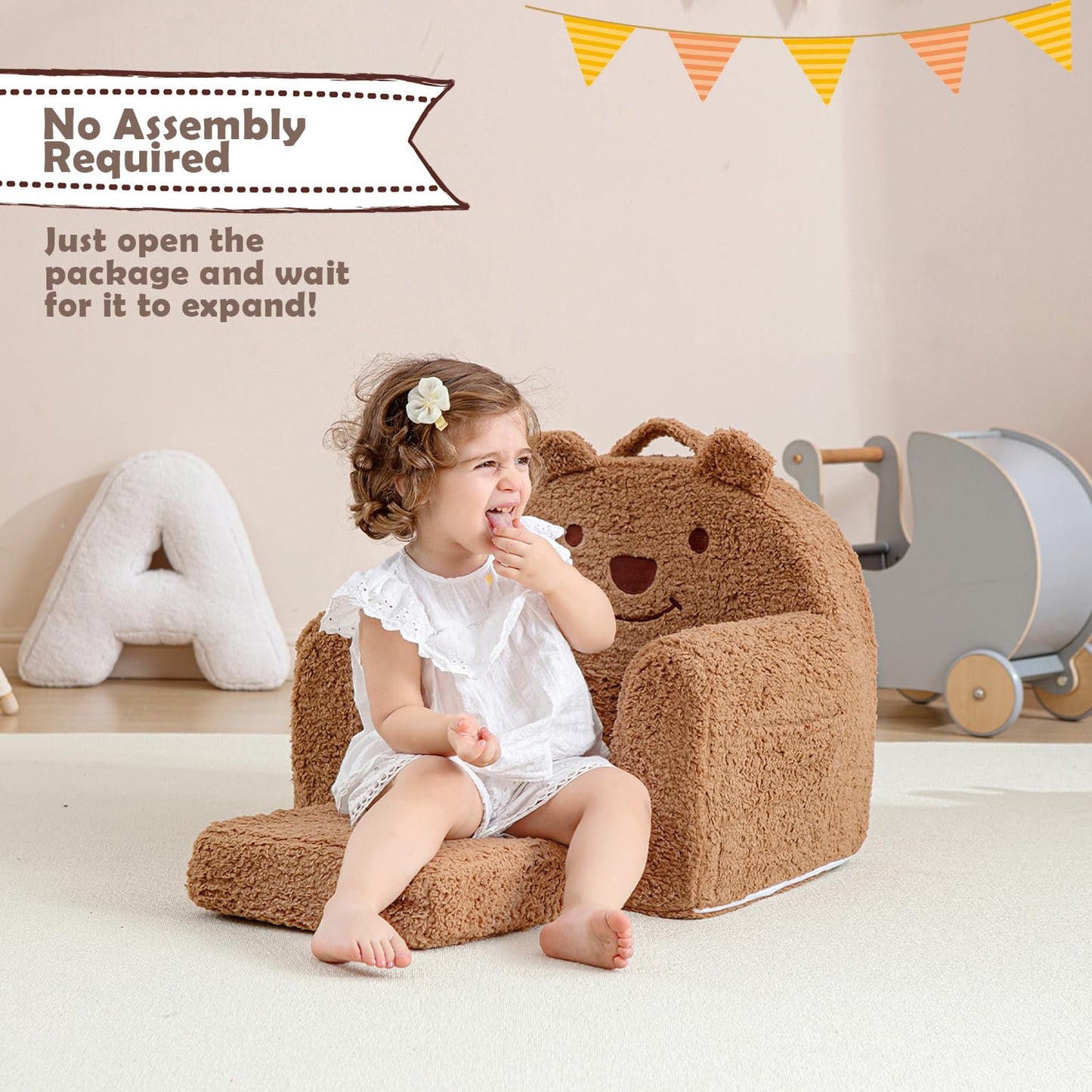 Kisdsa Toddler Chair,Sherpa Bear Toddler Couch Fold Out,Children Reading Chair,Flip Out Kids Couch,Kids Sofa Convertible for Gift (Brown Bear)