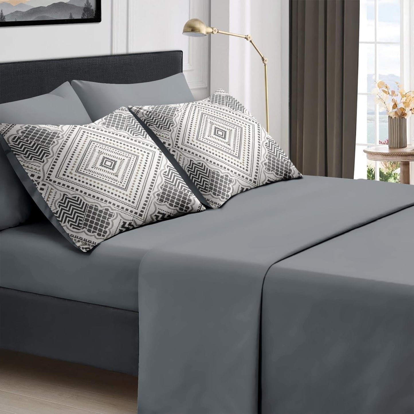 Boewywh Comforter Set Twin Size Boho Geometric Aztec 7 Pcs, Bedding for Kids and Adults, Farmhouse Grey Bed Sheet Sets with Fitted Sheet 2 Pillowcases & 2 Shams for Bedroom Bed Decor