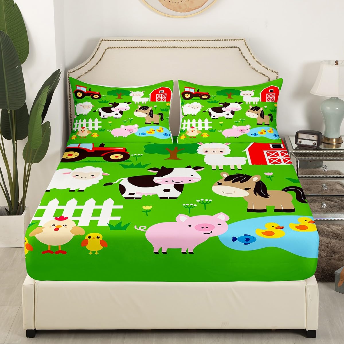 Manfei Farm Animals Kids Fitted Sheet Twin Size, Cow Horse Pig Hen Chicken Sheep Bedding Set 2pcs for Boys Girls, Cartoon Animal Bed Cover with 1 Pillowcase, Soft Polyester Bedding, No Top Sheet