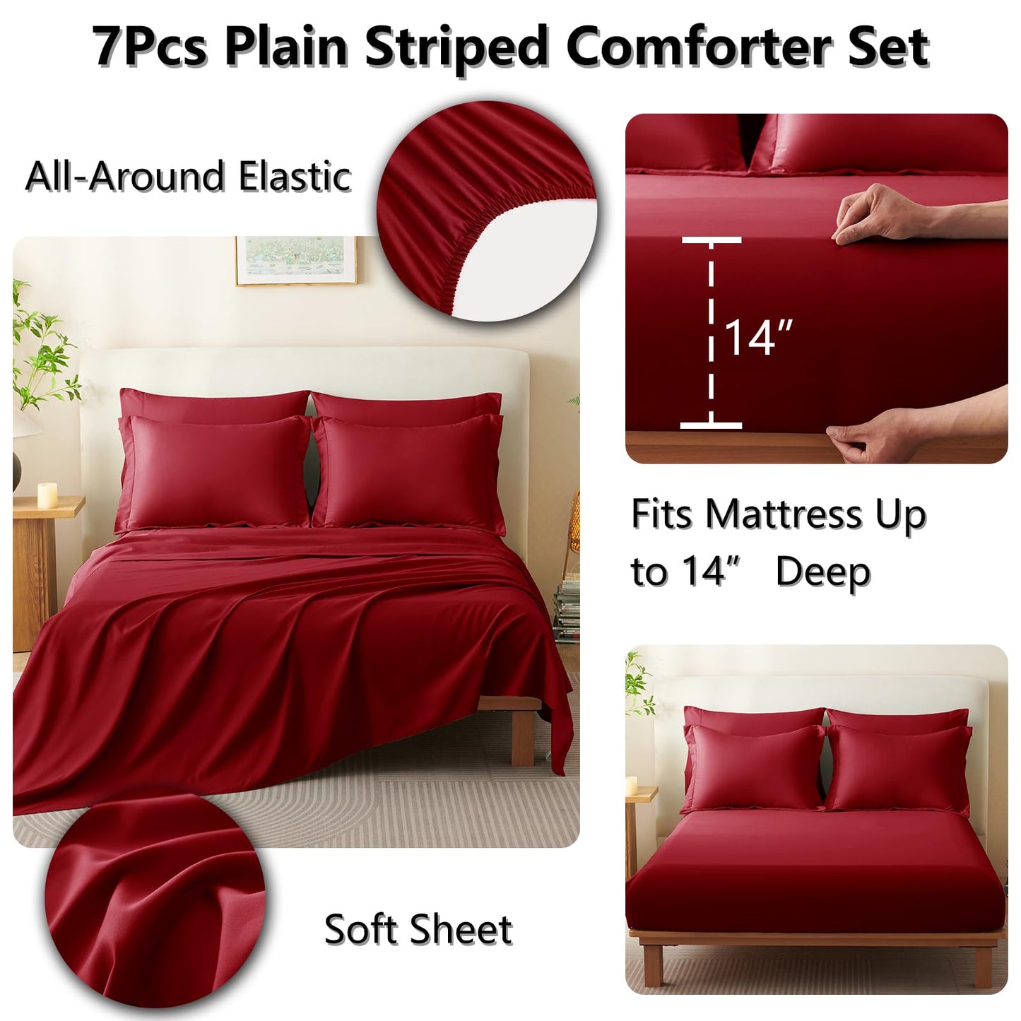 CozyLux Full Size Comforter Sets Dark Red - 7 Pieces Bed in a Bag, Modern Vertical Quilted Room Decor, Soft All-Season Bedding Gift with Comforter, Sheets, Pillowcases & Shams