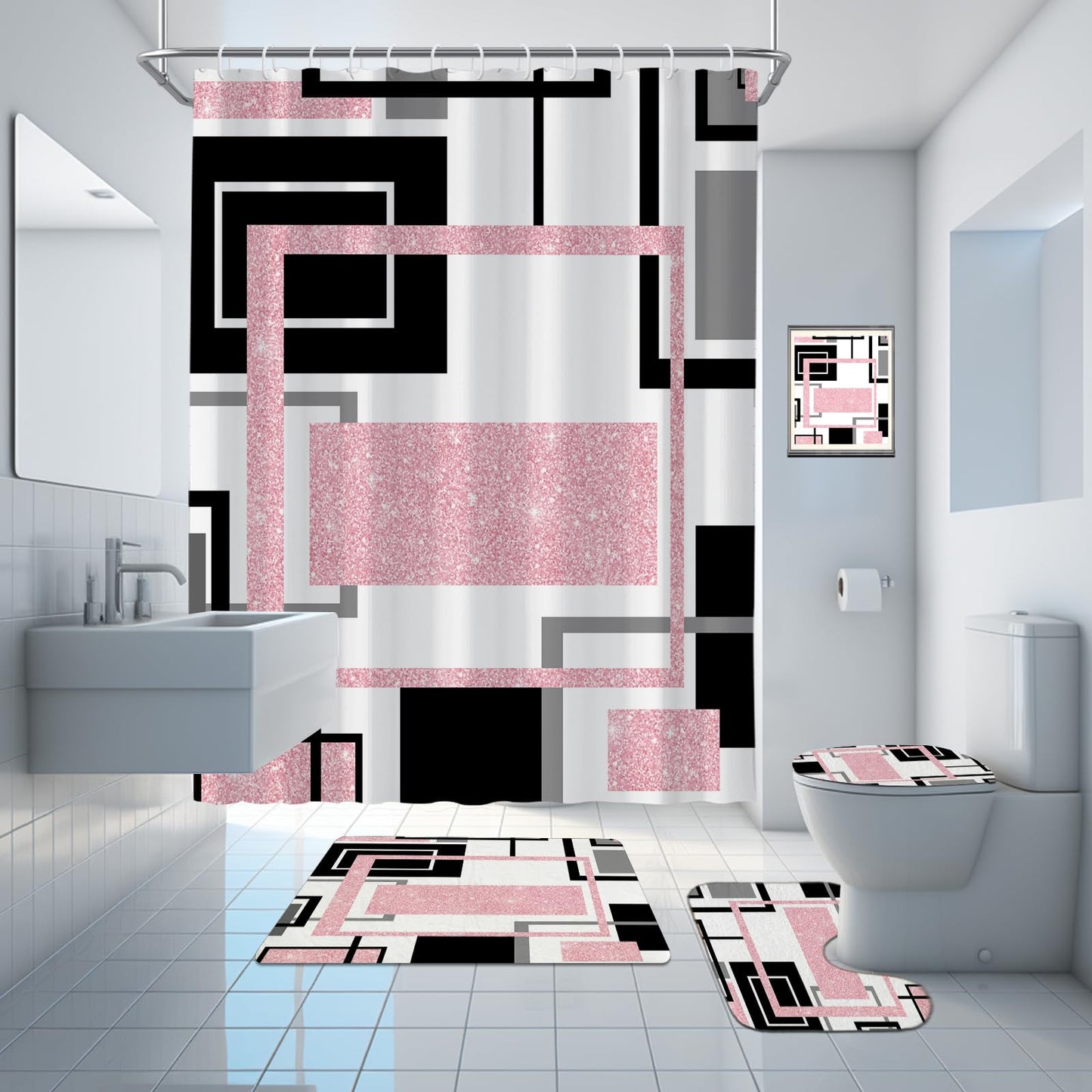 Onalasyc 4Pcs Pink Geometric Shower Curtain with Rugs Set Waterproof Pink Bathroom Sets with Shower Curtain and Rugs Abstract Geometric Modern Bathroom Curtains Shower Set with 12 pcs Hooks