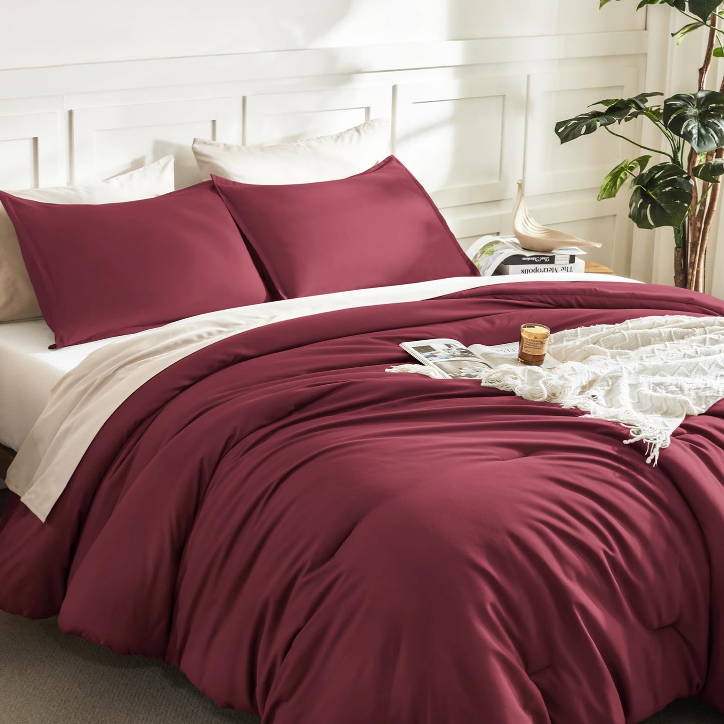 Litanika Burgundy Red Comforter Set King Size, 3 Pieces Lightweight Solid Bedding Comforter Set, All Season Fluffy Bed Set (104x90In Comforter & 2 Pillowcases)