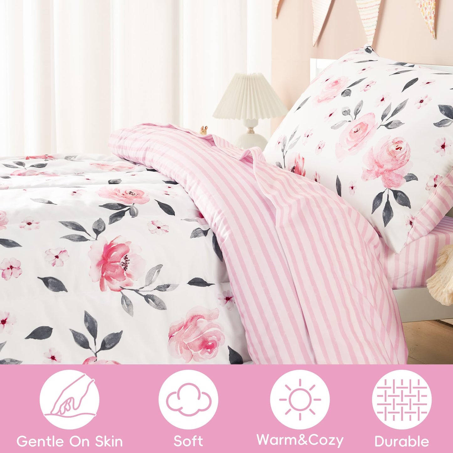 PHF 4 Piece Toddler Bedding Set, Ultra Soft Toddler Comforter Sets Include Comforter, Fitted Sheet, Flat Top Sheet and Pillowcase for Girls, Floral Bed in A Bag for Baby Bedroom, Floral