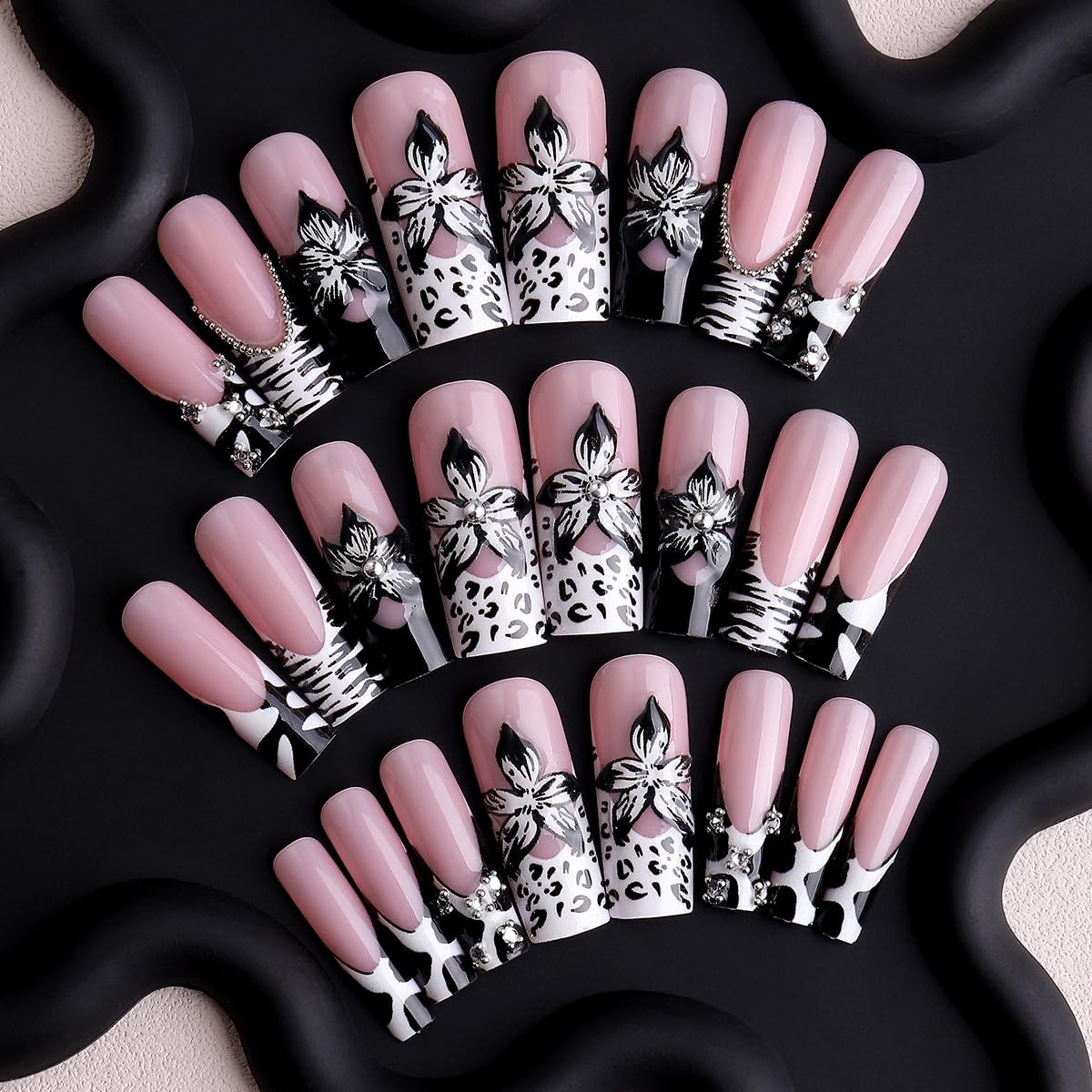plalely Square Press on Nails Long Cow Print Fake Nail 3D Flowers Designs Acrylic Nail Press ons Sparkly Rhinestones Stick on Nails for Women 24pcs
