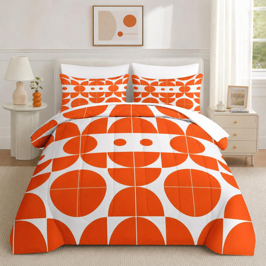 Boewywh Comforter Set Twin Size Geometric Retro Orange 7 Pcs, Bedding for Kids and Adults, 70S Abstract Bed Sheet Sets with Fitted Sheet 2 Pillowcases & 2 Shams for Bedroom Bed Decor