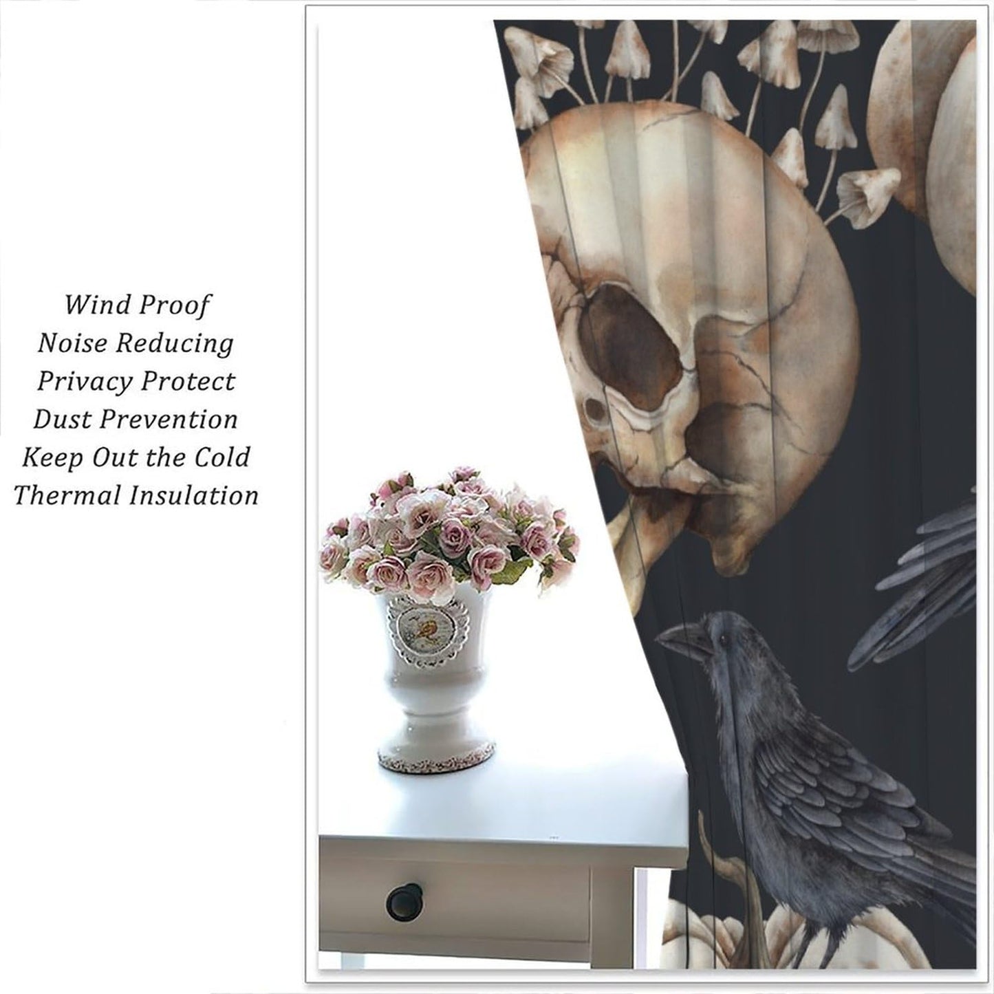 HZOHNAGO Gothic Crow Curtains Skull Mushroom Pattern Blackout Print Rod Pocket Window Drapes for Bedroom Living Room 42x45in