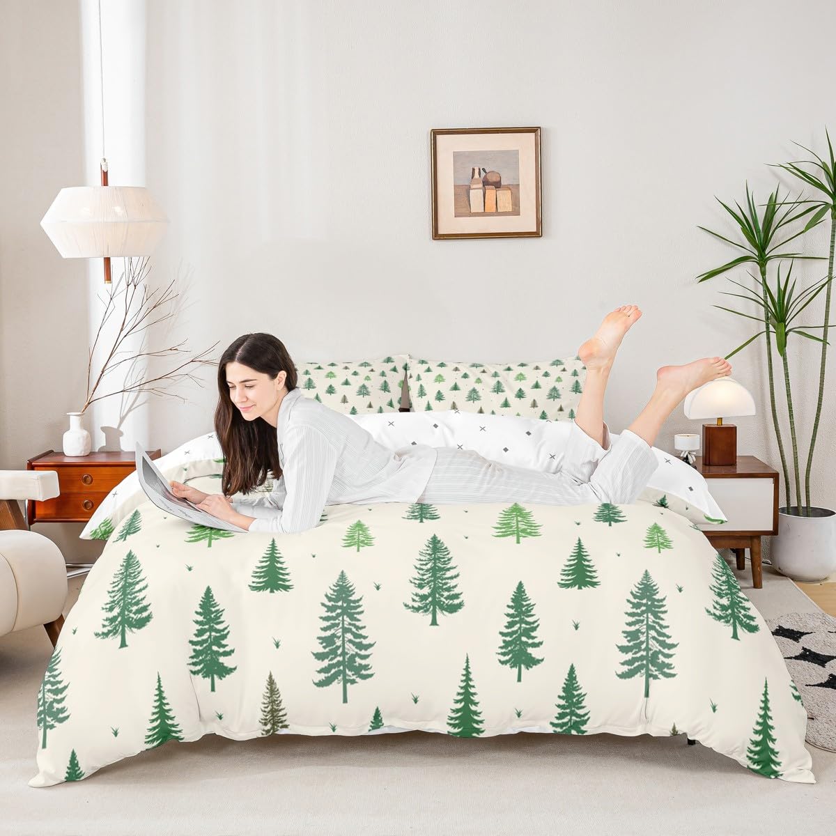 Castle Fairy Christmas Tree Duvet Cover Sets Twin Size,Green Pine Bedding Set 2pcs for Kids Teens Girls Boys Room Decor,Nature Plants Comforter Cover Soft Microfiber Quilt Cover with 1 Pillowcase