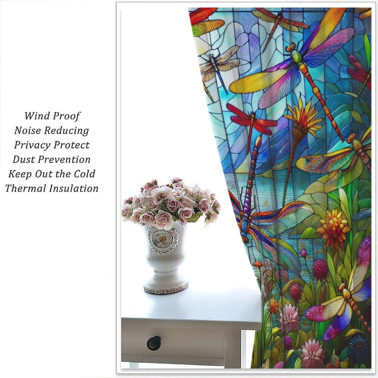 FengMingRui Dream Stained Glass Curtains Dragonfly Flowers Fantasy Nature Scenery Floral Blackout Window Treatments for Kids Boys Girls Bedroom Living Room Window Drapes 42" W X 45" L