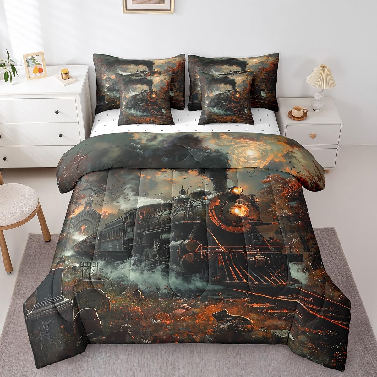 Manfei 7 Pieces Twin Size Retro Train Comforter Set,Steam Locomotive Train Bedding Set for Boys Girls,Maple Leaves Autumn Theme (Comforter+Fitted+Flat Sheet+2 Pillowcases+2 Throw Pillow Covers)
