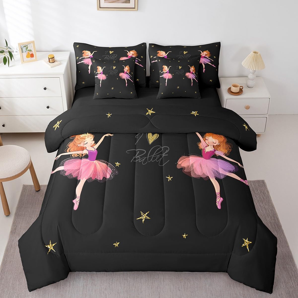 Erosebridal Ballet Comforter Set 7 Piece Bed in a Bag Twin,Cute Cartoon Ballet Dancer Bedding Sets Kawaii Ballerina Gifts Comforter and Sheet Set,Gold Stars Pink Ballet Dress Tutu Bed Set
