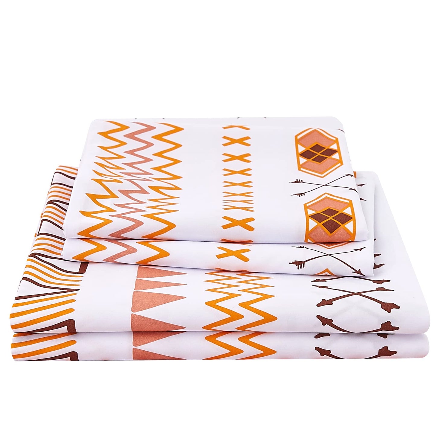 JSD Orange Boho Sheet Set Full Size, Soft Geometric Printed Microfiber Sheets Extra Deep Pocket Wrinkle Free