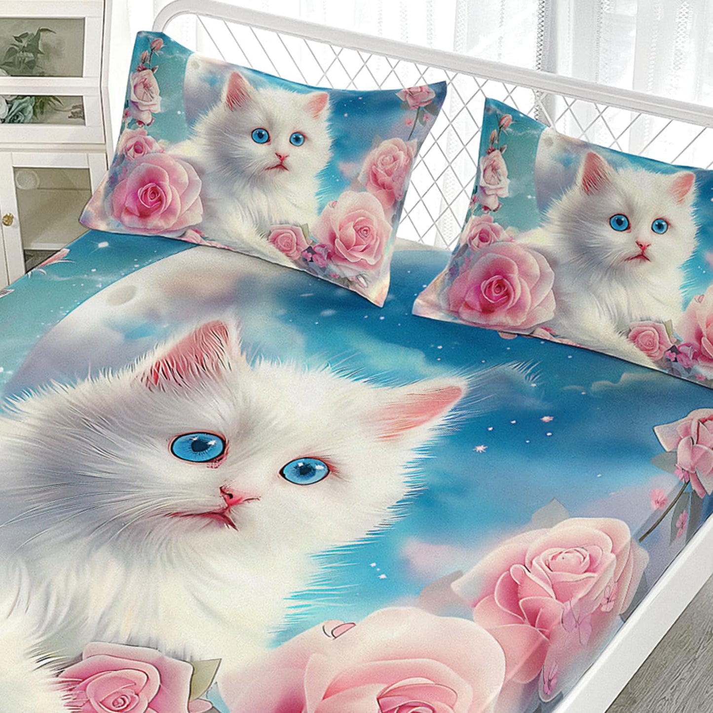 AILONEN 3D Beautiful Cat Fitted Sheet Set Twin Size, Kawaii White Kitten Bedding Set for Kids,Girls,Moon with Pink Rose Bed Sheet Set for All Season,1 Fitted Sheet + 2 Pillowcases,Breathable