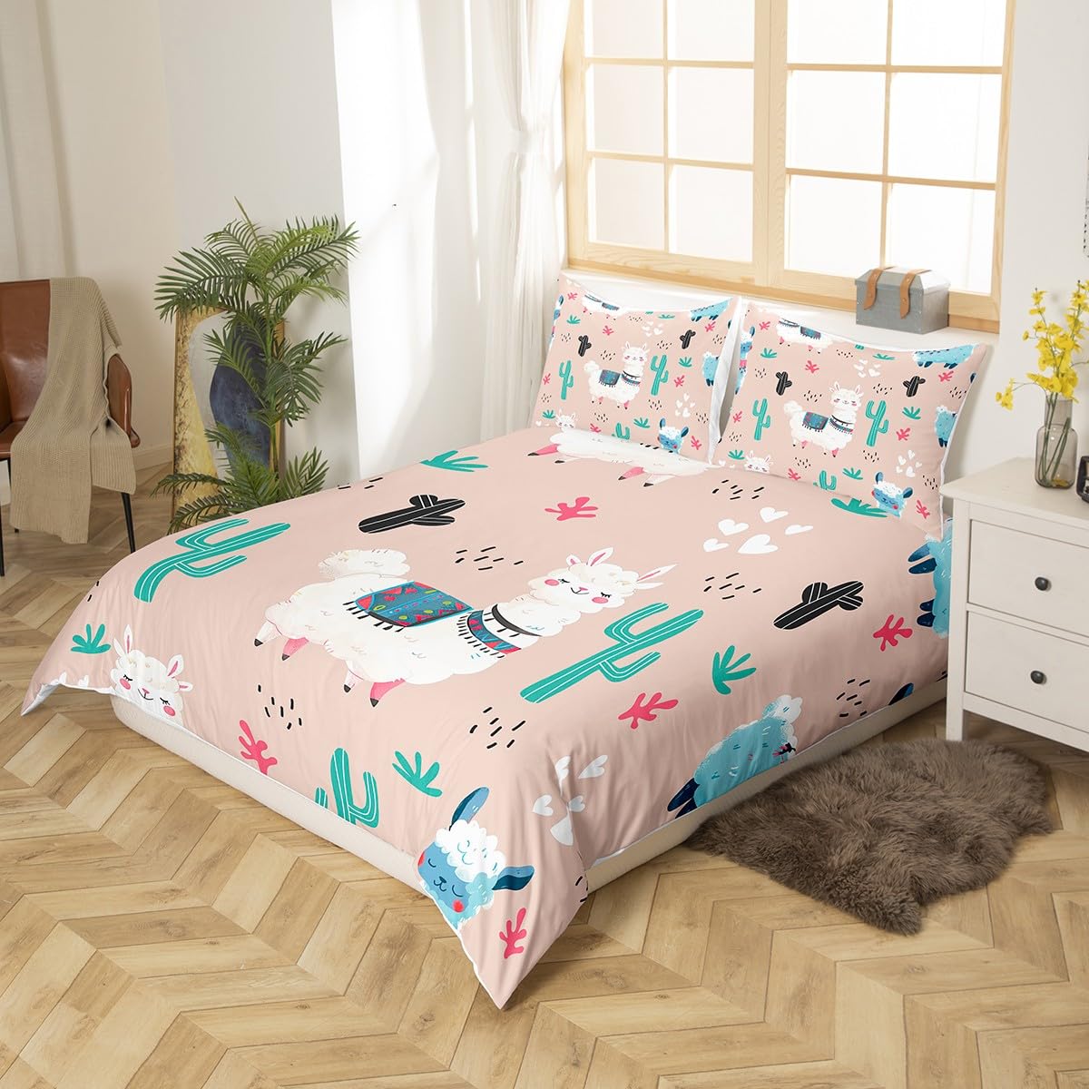 Manfei Cute Alpaca Duvet Cover Set Queen Size, Cartoon Llama Comforter Cover with 2 Pillowcases, Tropical Plant Cactus Bedding Set 3pcs for Kids Boys Girls, Lightweight Bedspread Cover,No Comforter