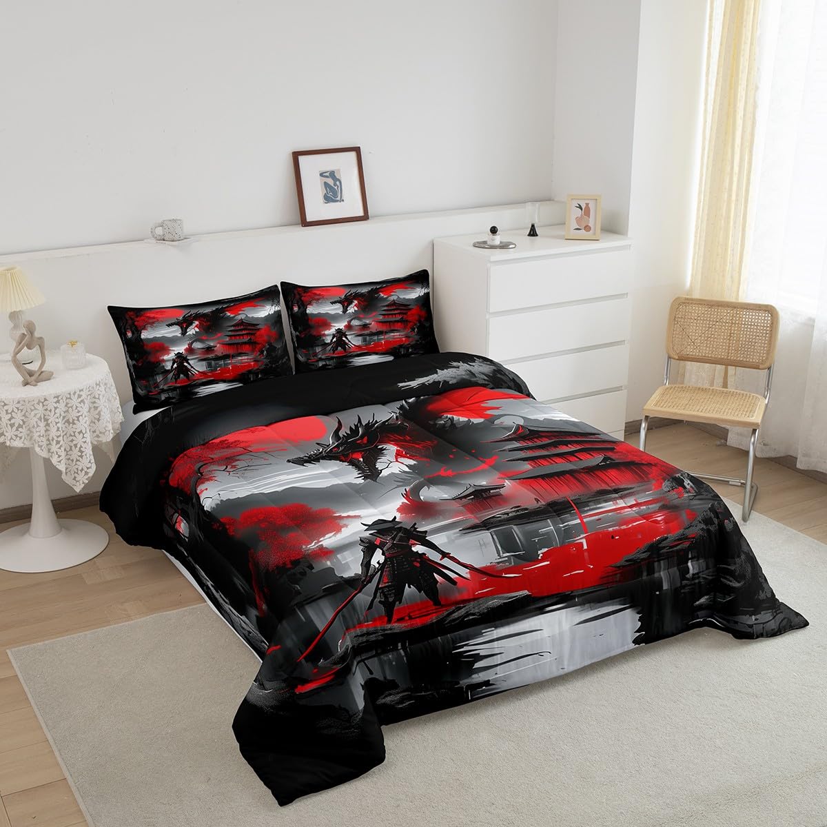 Erosebridal Japanese Style Twin Down Comforter Dragon Comforter Set Magical Animals Bedding Set Western Wildlife Theme Quilt for Boys Kids Teens Adult Bedroom, with 1 Pillow Cases