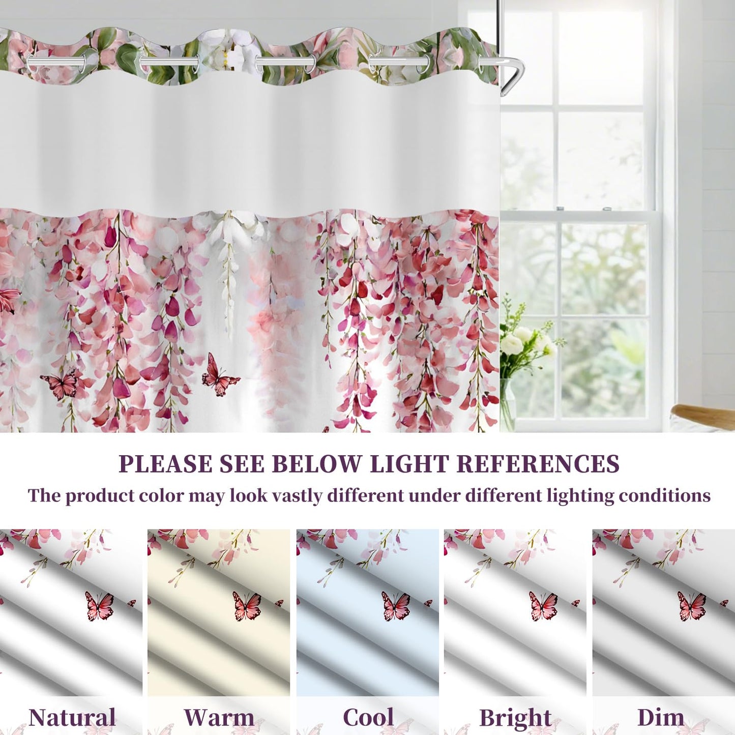 NAEMBCU Boho Floral No Hook Shower Curtain with Snap in Liner Set 71x74 in