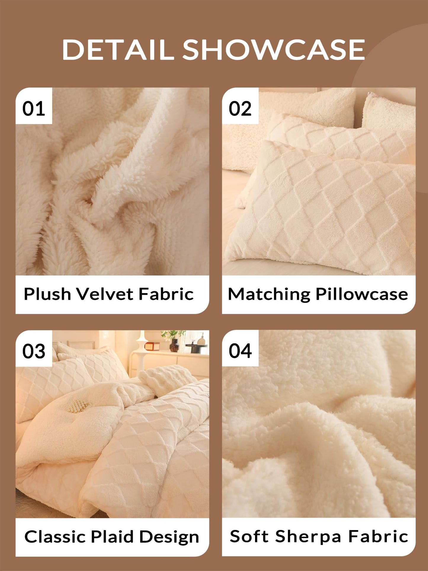 hadamick Tufted Fleece Comforter Set King - Super Soft Warm Fluffy Shaggy Bedding Sets, Diamond Plaid Jacquard Bed Set for Winter, 1 Sherpa Comforter with 2 Pillow Cases (104"X90" Ivory White)