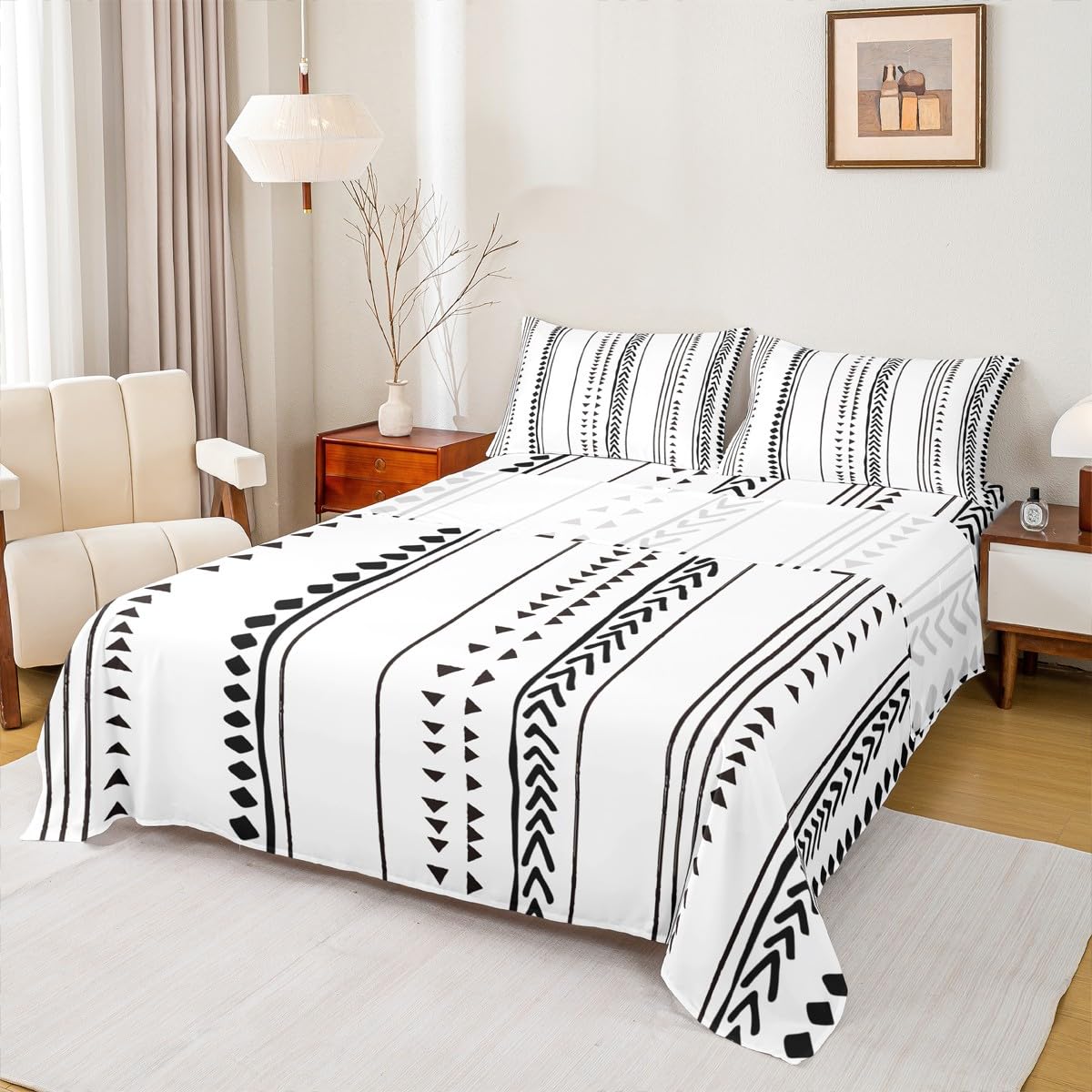 Erosebridal Boho Aztec Fitted Sheet King Size,Bohemian Geometric Stripe Bedding Sets for Kids Teens Adults,Black Simple Bed Sheet Set Soft Microfiber Sheet Set 3 Piece for Bedroom White