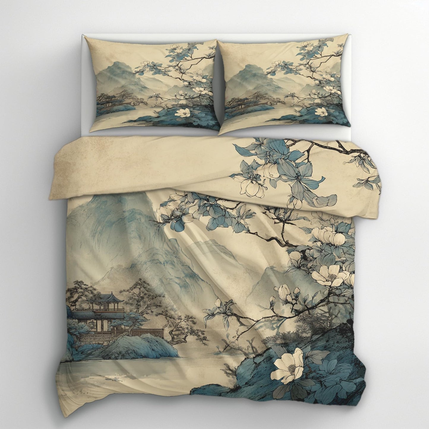 zcwl Asian Landscape Duvet Cover Oversized King Size | Blue Floral Mountain Bedding Set | 3 Piece | Soft Microfiber Patterned Comforter Cover with Zipper Ties & 2 Pillowcases | Oriental Bedroom Decor