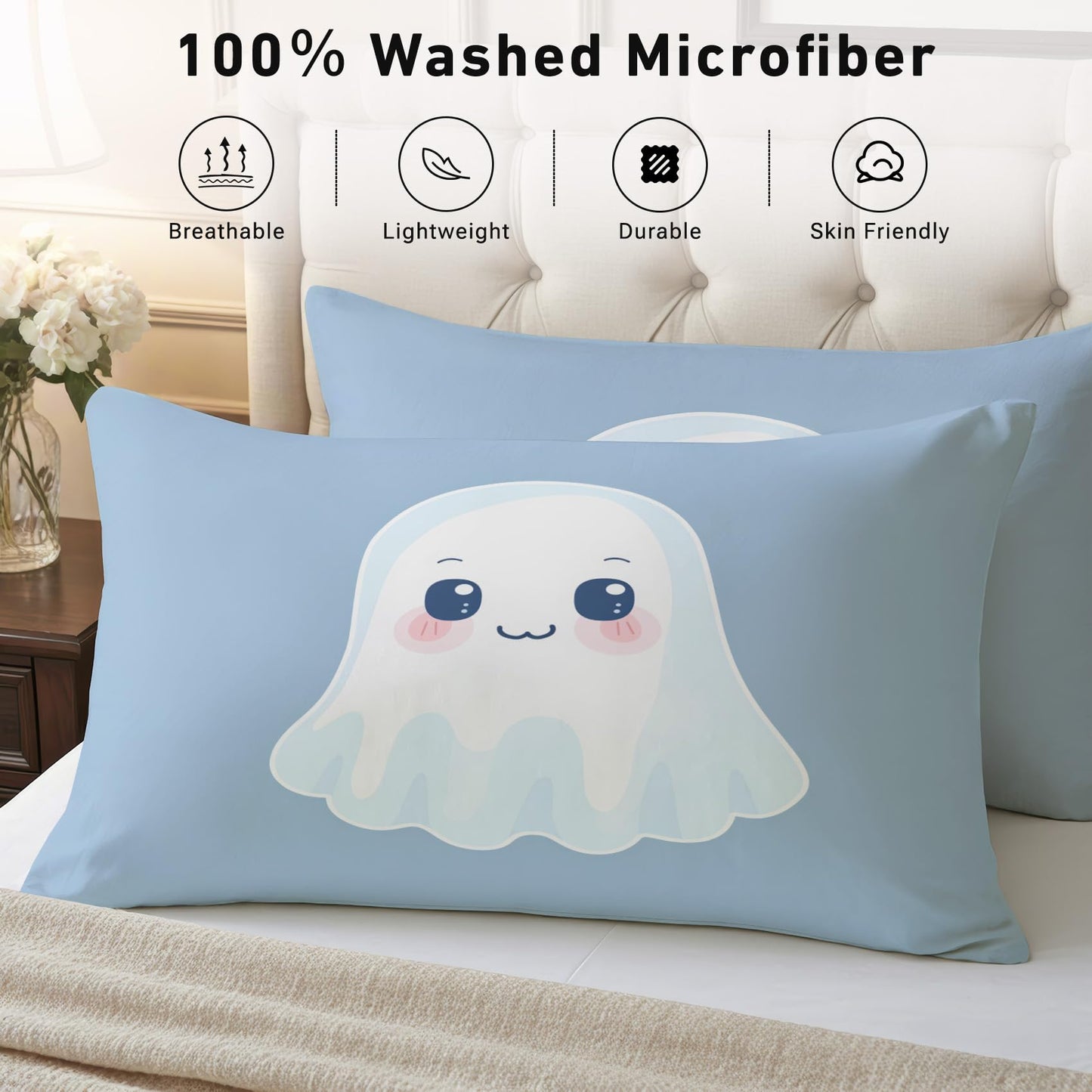 Cute Ghost Sheets Twin Size - Halloween Cartoon Kids Bed Sheet Set - Deep Pocket Soft Microfiber Bedding Set 3 Piece - Fitted Flat Sheet Pillowcase - Cute Ghost Bedroom Decor & Gifts