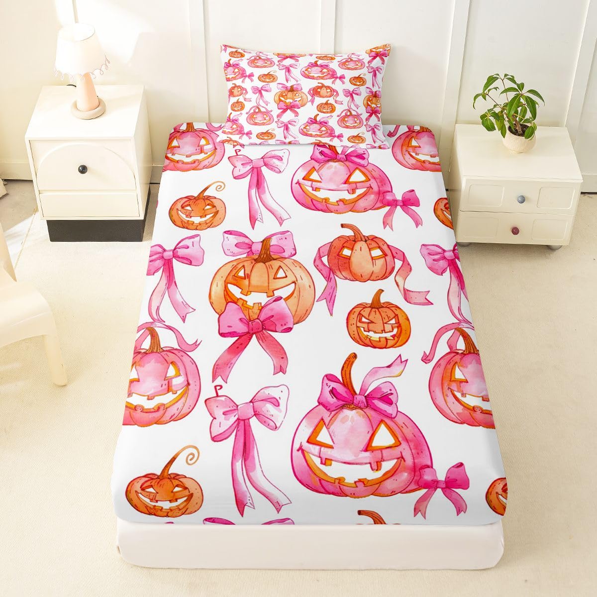 Feelyou Fitted Sheet Twin Size for Kids Boys Girls Halloween Themed Bed Sheets Set 16" Deep Pocket Soft Breathable Microfiber Bowknot Bedding with 1 Pillowcase Room Decor