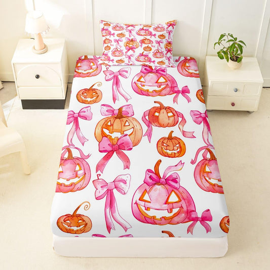 Feelyou Fitted Sheet Twin Size for Kids Boys Girls Halloween Themed Bed Sheets Set 16" Deep Pocket Soft Breathable Microfiber Bowknot Bedding with 1 Pillowcase Room Decor