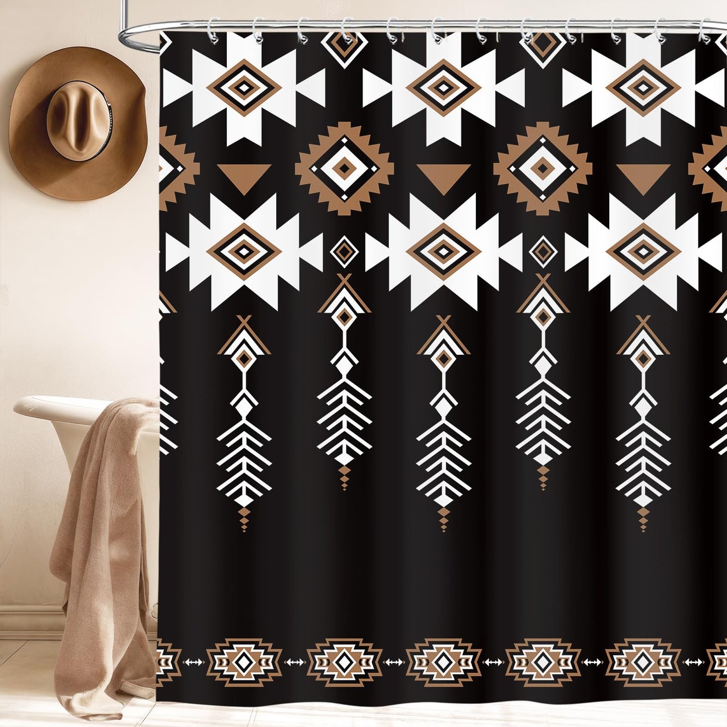 Aeivice Black Western Aztec Shower Curtain, Vintage Abstract Geometric Cowboy Shower Curtains Set, Boho Southwestern Tribal Native Neutral Fabric Shower Curtains for Bathroom with Hooks 72X72IN Brown