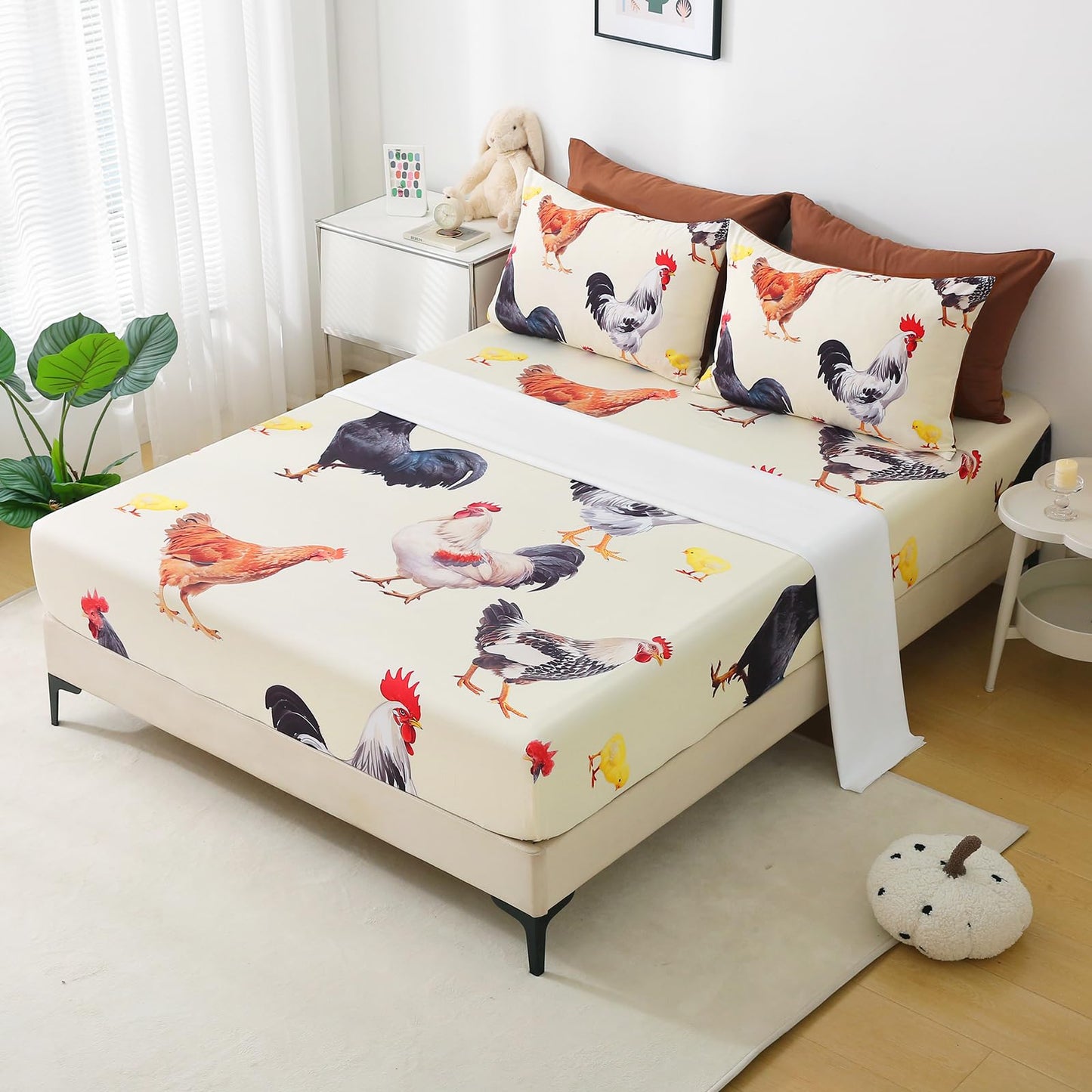 Wajade Chicken Comforter Set 7 Pcs Animal Theme Bedding Set Queen Size for Kids Adults Chicken Quilt Farm Theme Printed Pattern for Thanksgiving Birthday