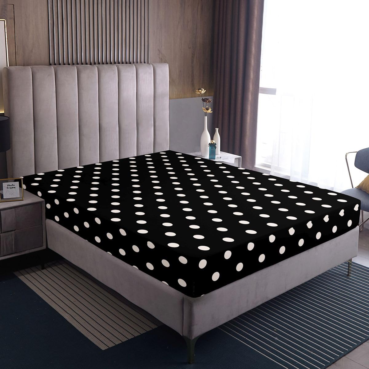 jejeloiu Black White Polka Dot Fitted Sheet Full Size for Kids Boys Girls Retro Cute Polka Dot Bed Sheets Set 16" Deep Pocket Soft Breathable Geometric Bedding with 2 Pillowcases Luxury Room Decor