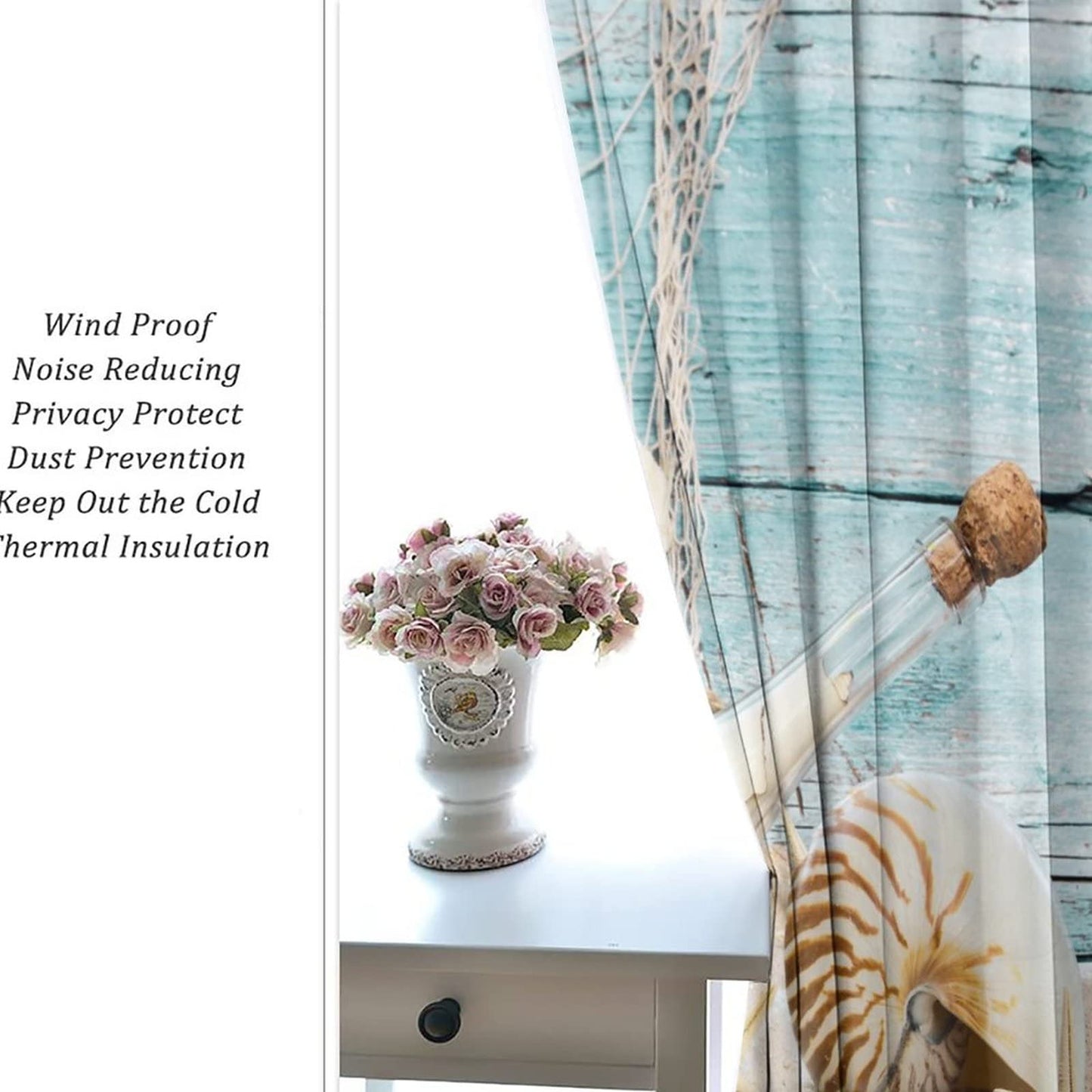 Kazynee Vintage Nautical Beach Theme Room Darkening Blackout Window Curtains with Grommets,Abstract Ocean Beach Fishing Net Starfish Theme Energy Efficient Window Treatment 2 Panels 45L x 21W