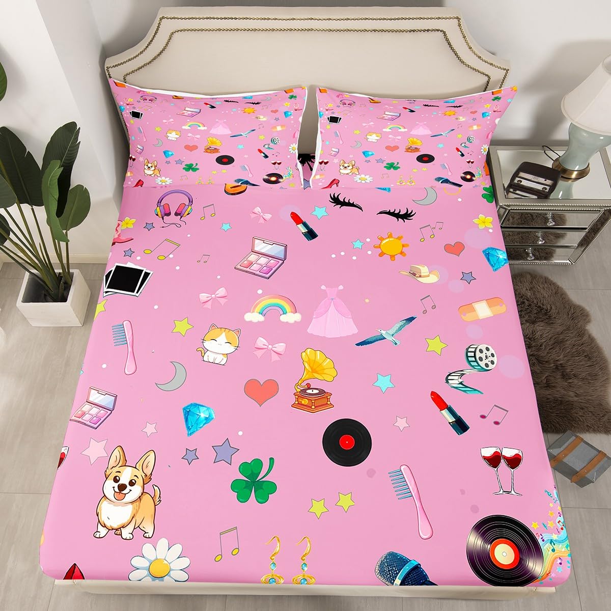 Erosebridal Music Theme Bed Sheets Set King Girls Pop Singer Sheet Set for Kids Women Fashion Guitar Lipstick Sheets Snake Flower Flat Fitted Sheet Microfiber Pink Gift for Music Fans Friend