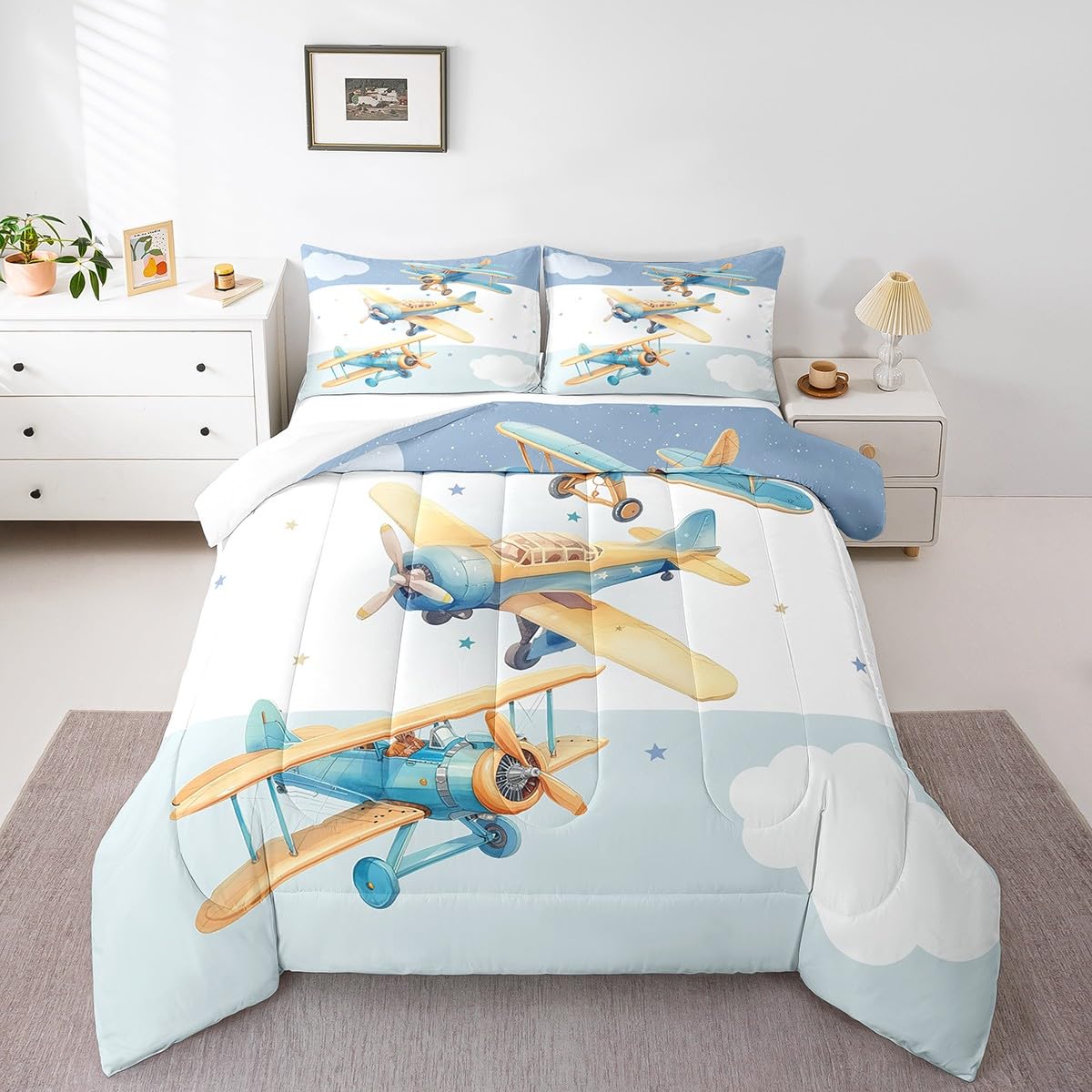 Manfei Cartoon Airplane Queen Size Comforter Set 3 Pcs,Aviation Aircraft Modern Plane Down Alternative Bedroom Decor,Sky Clouds Stars Blue White Stripes Print Ultra Soft Microfiber Inner Fill 3Pcs