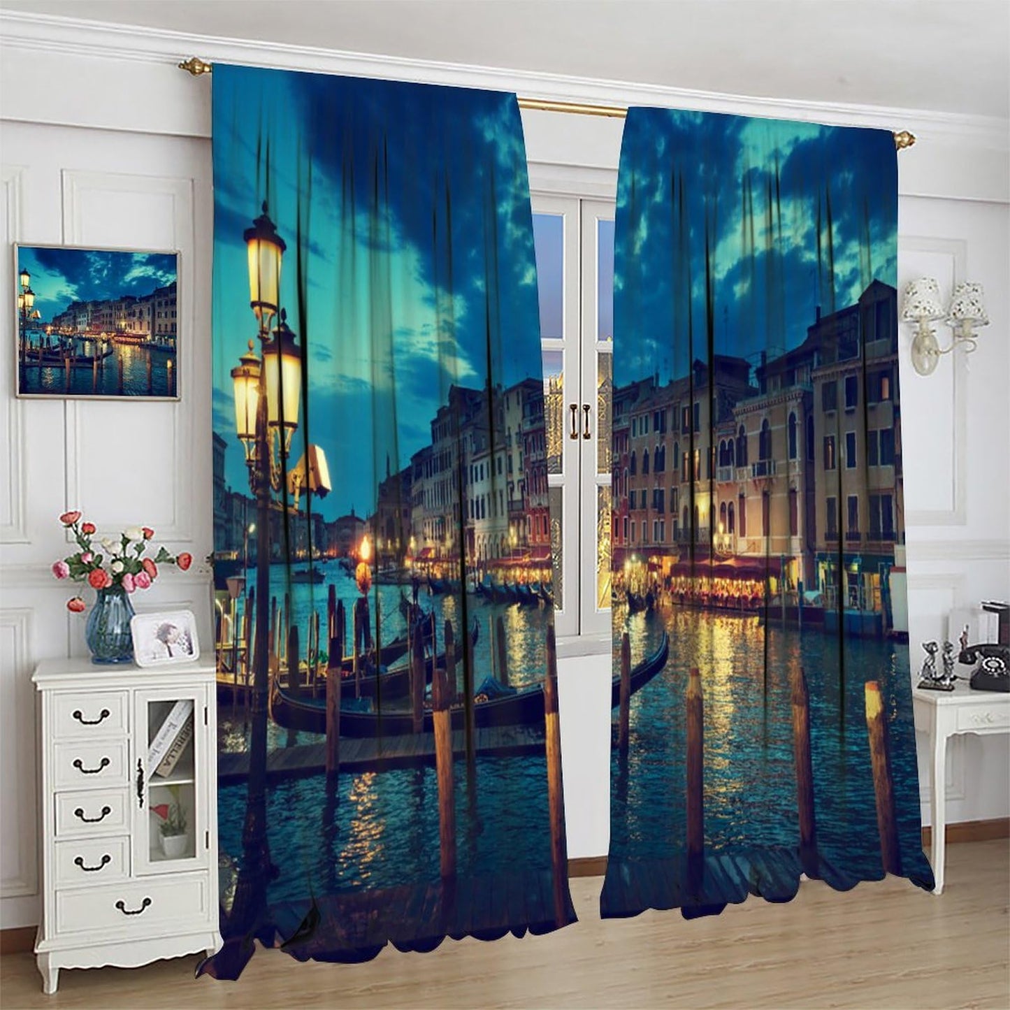 Venice Night Curtains, Night View of Architectural Waterways in Italian Cities in Europe Decor Windows Treatments, Thermal Insulation Rod Pocket Drapes For Boys Girls Bedroom Living Room 42x45in