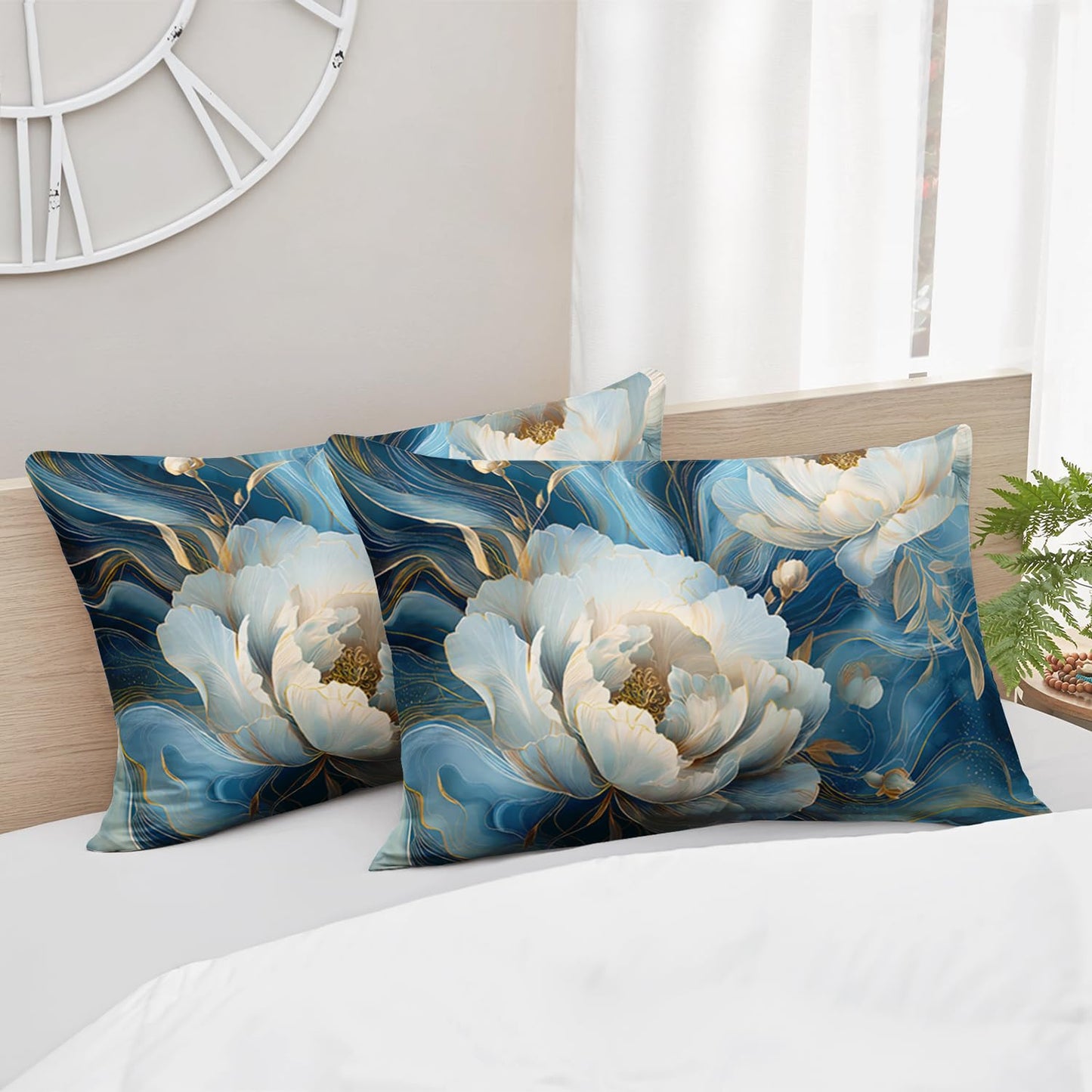 HOSIMA Floral Twin Bedding Sets for Women Girls Room Decor,Blue Golden Marble Grain Ink Fluid Art Fitted Sheet,White Flowers Pattern Lightweight Floral Bedding,1 Fitted Sheet+2 Pillowcases.