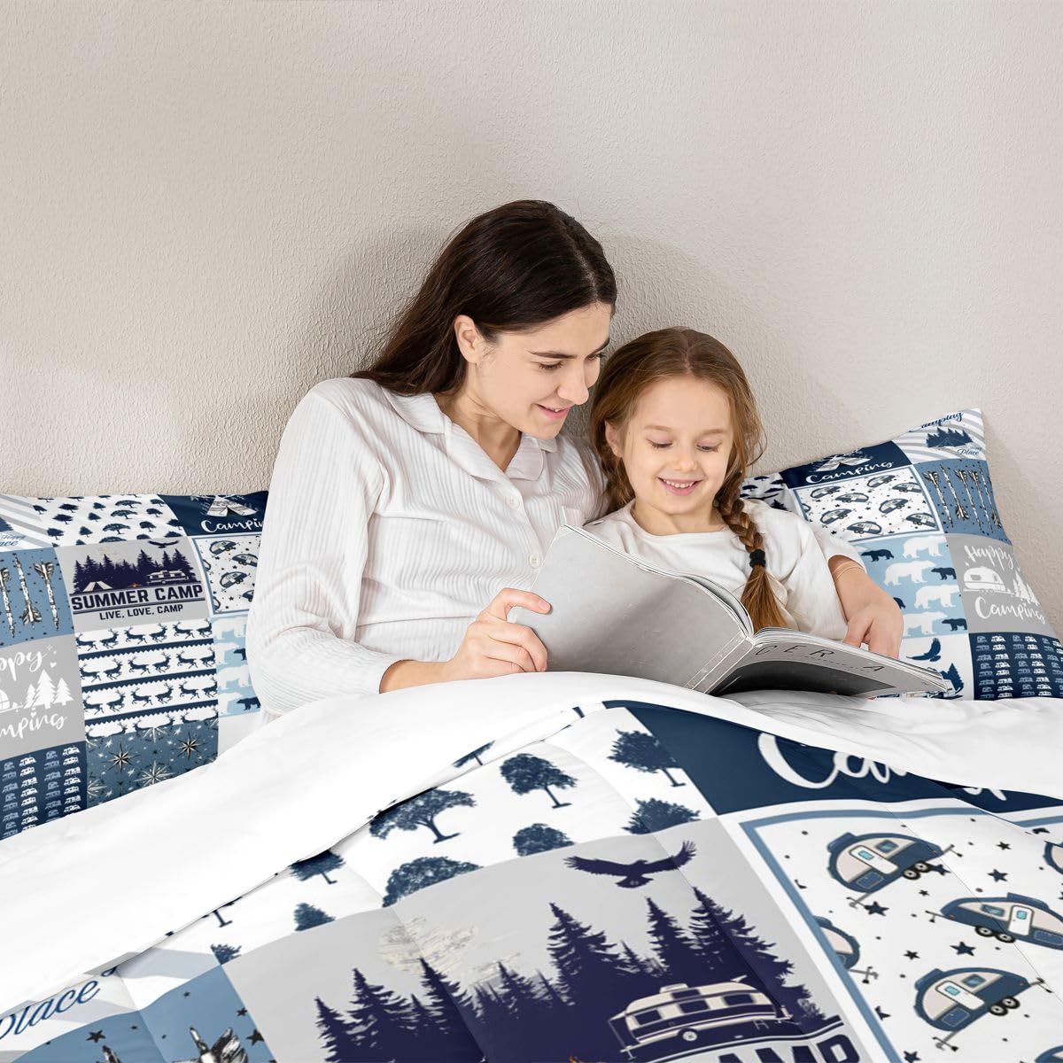 Erosebridal Happy Camping Bedding Set Queen Size for Boys Kids Teens, Camper Duvet Insert, Rustic Farmhouse Style Comforter Set, Sketch Drawing Camper Bedding, Camping Car Down Comforter, Blue