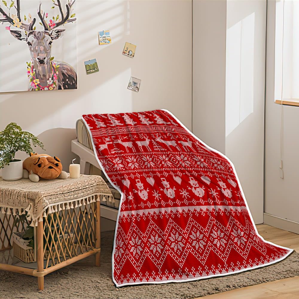 Christmas Weighted Thick Throw Blanket for Couch, Red Winter Snowman Reindeer Snowflakes Christmas Tree Candy Cane Soft Chunky Fleece Flannel Blanket for Bed Office (50X60 Inches)